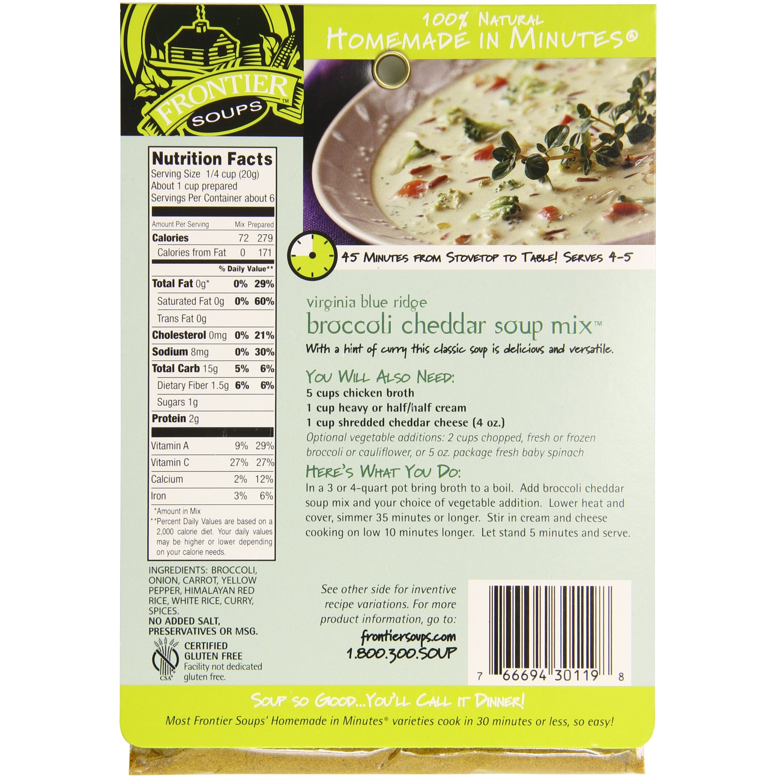 Frontier Soups Homemade In Minutes Soup Mix, Virginia Blue Ridge Broccoli Cheddar, 5 Ounce