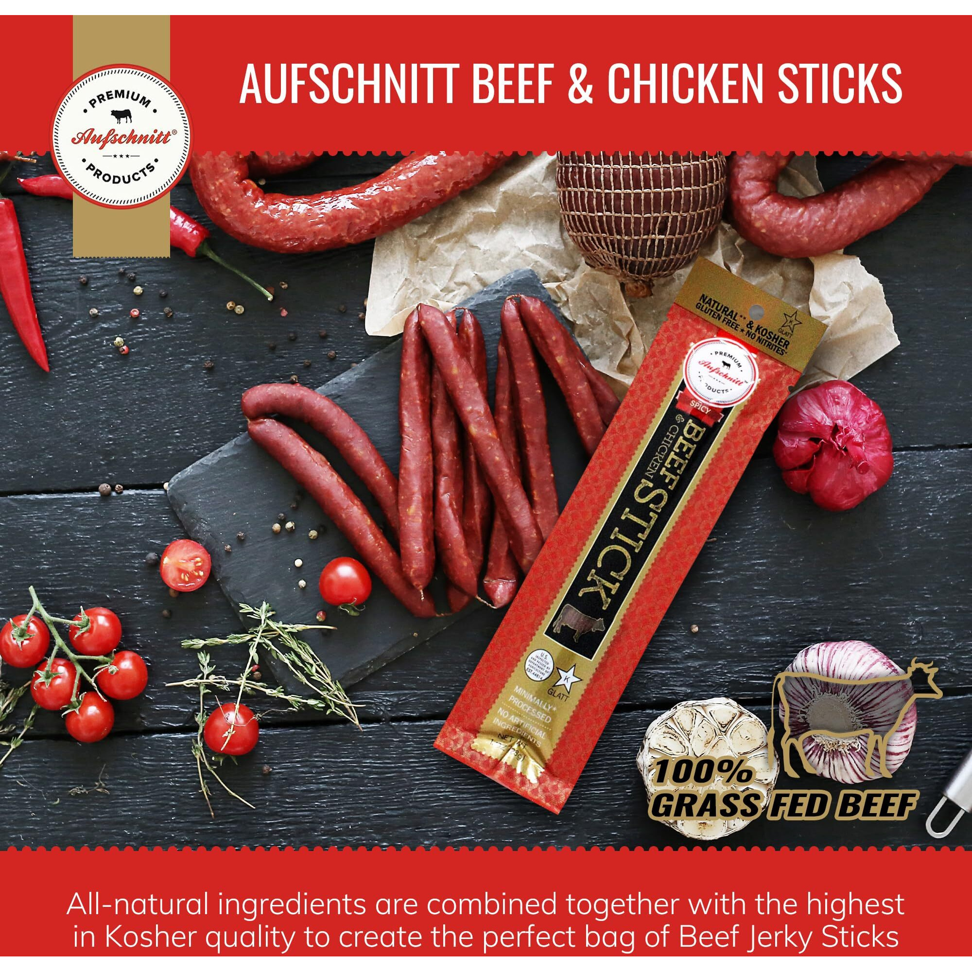 Aufschnitt Grass Fed Beef Jerky Sticks - Low Sodium, Certified Kosher - Halal And Keto Friendly - 6 Pack, Spicy