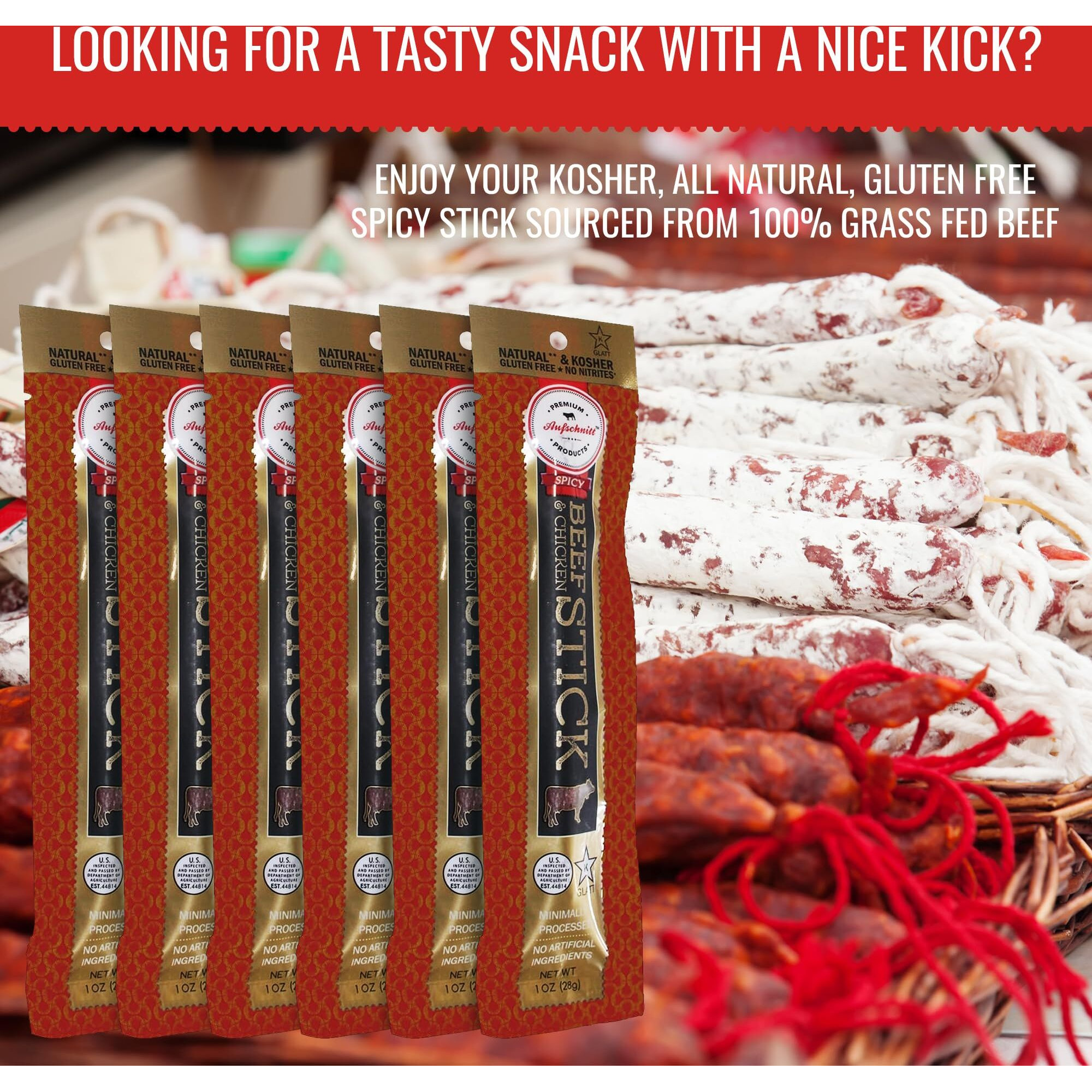 Aufschnitt Grass Fed Beef Jerky Sticks - Low Sodium, Certified Kosher - Halal And Keto Friendly - 6 Pack, Spicy