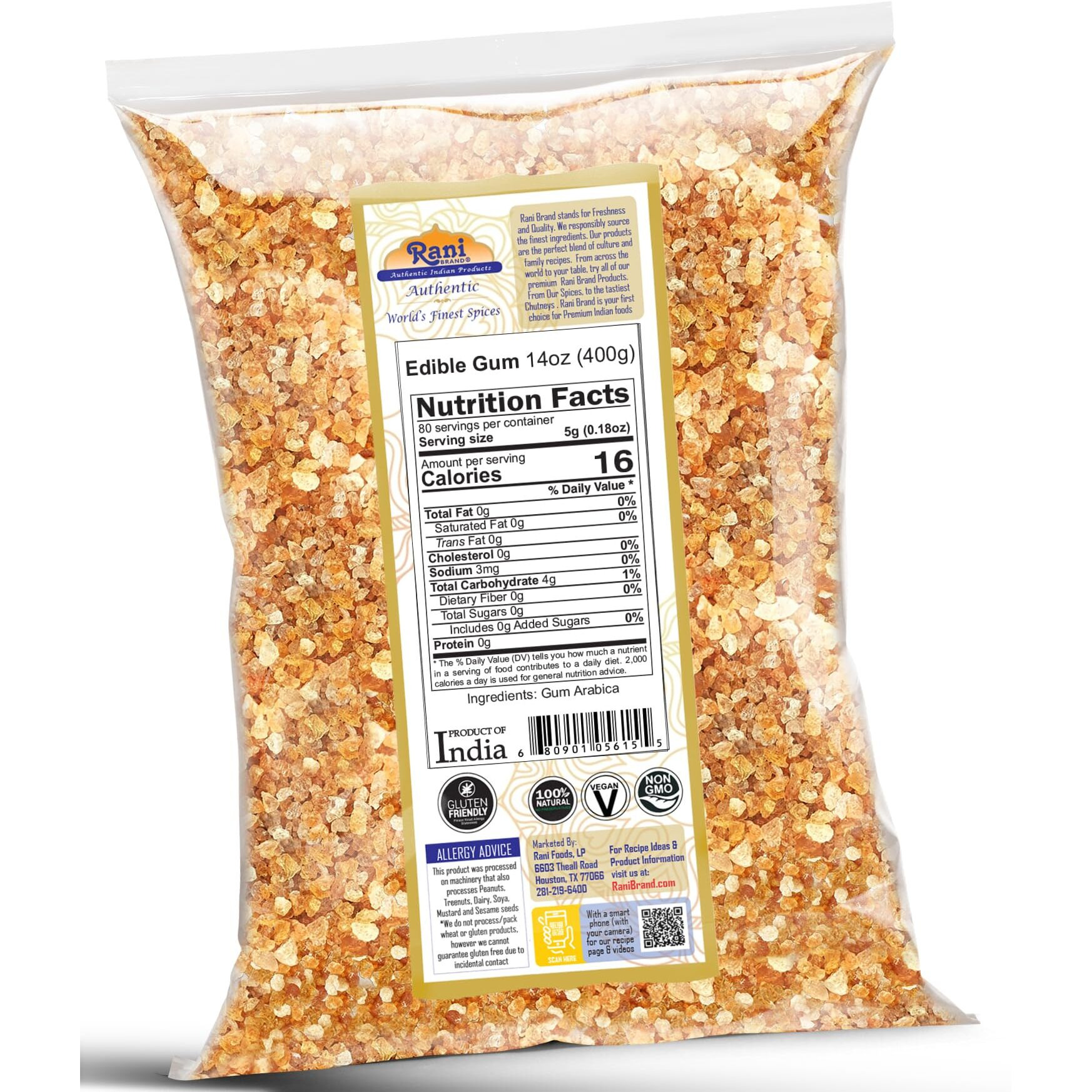 Rani Edible Gum Whole (Arabica Gum) 14Oz (400G) Bulk ~ All Natural, Salt-Free | Vegan | No Colors | Gluten Friendly | Non-Gmo | Kosher | Indian Origin