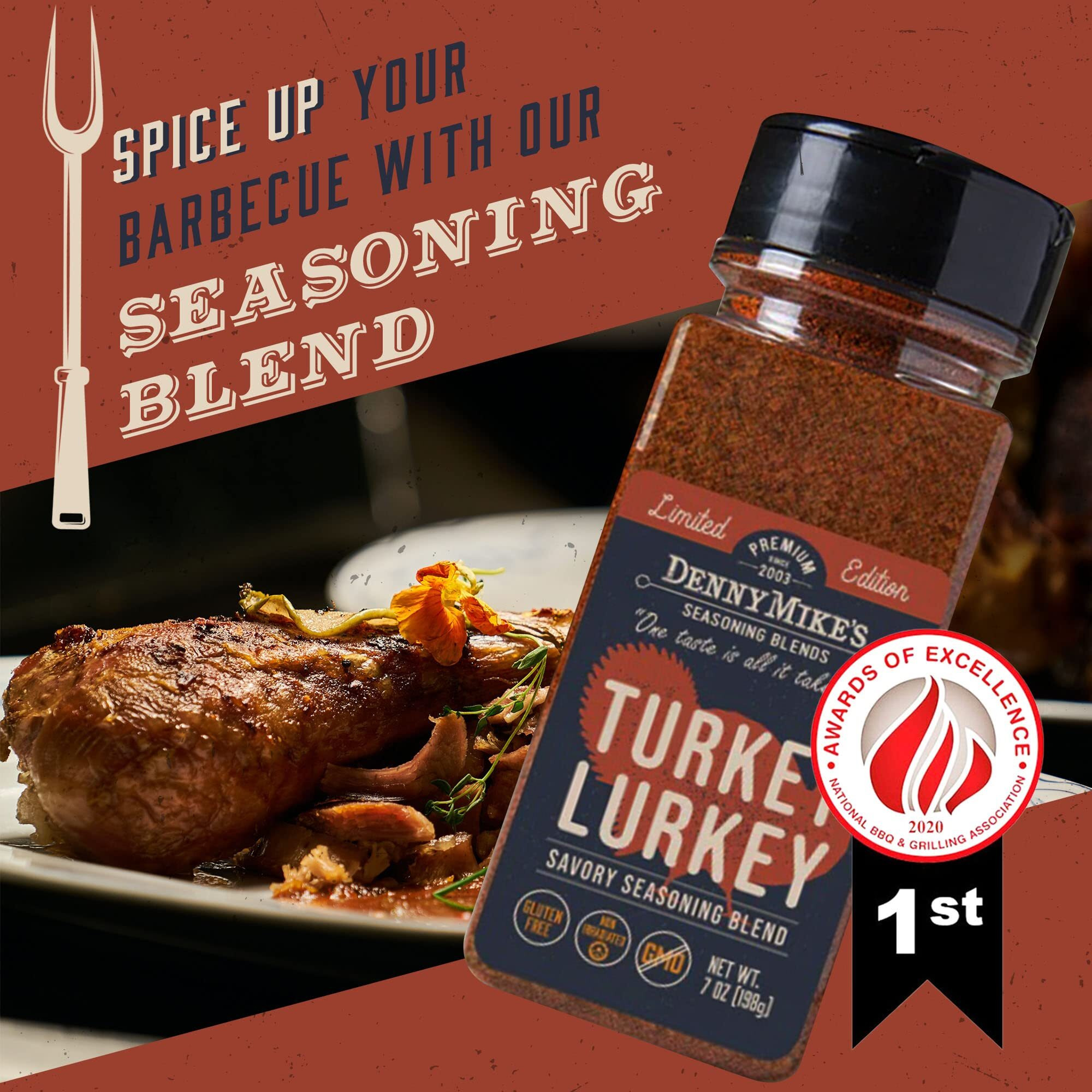 Dennymike's Turkey Lurkey Poultry Seasoning Bbq Rub, Low Sodium Seasoning & Gluten-Free Gourmet Chicken Herbs, Spices & Seasonings For Roasting, Brining, Smoking, & Grilling, 7 Oz
