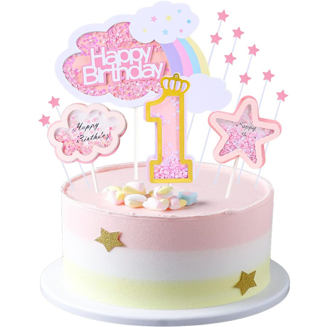 Kawailay Baby Girl 1St Birthday Cake Decoration Set First Birthday Cake Topper With Rainbow Clouds Stars Cake Picks One Year Old Cake Topper For Baby Shower Girl Birthday Party Supplies - Pink