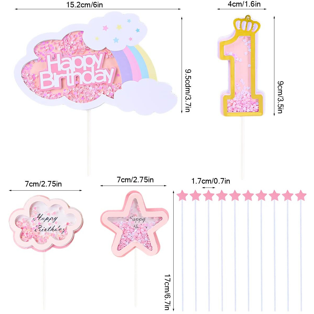 Kawailay Baby Girl 1St Birthday Cake Decoration Set First Birthday Cake Topper With Rainbow Clouds Stars Cake Picks One Year Old Cake Topper For Baby Shower Girl Birthday Party Supplies - Pink