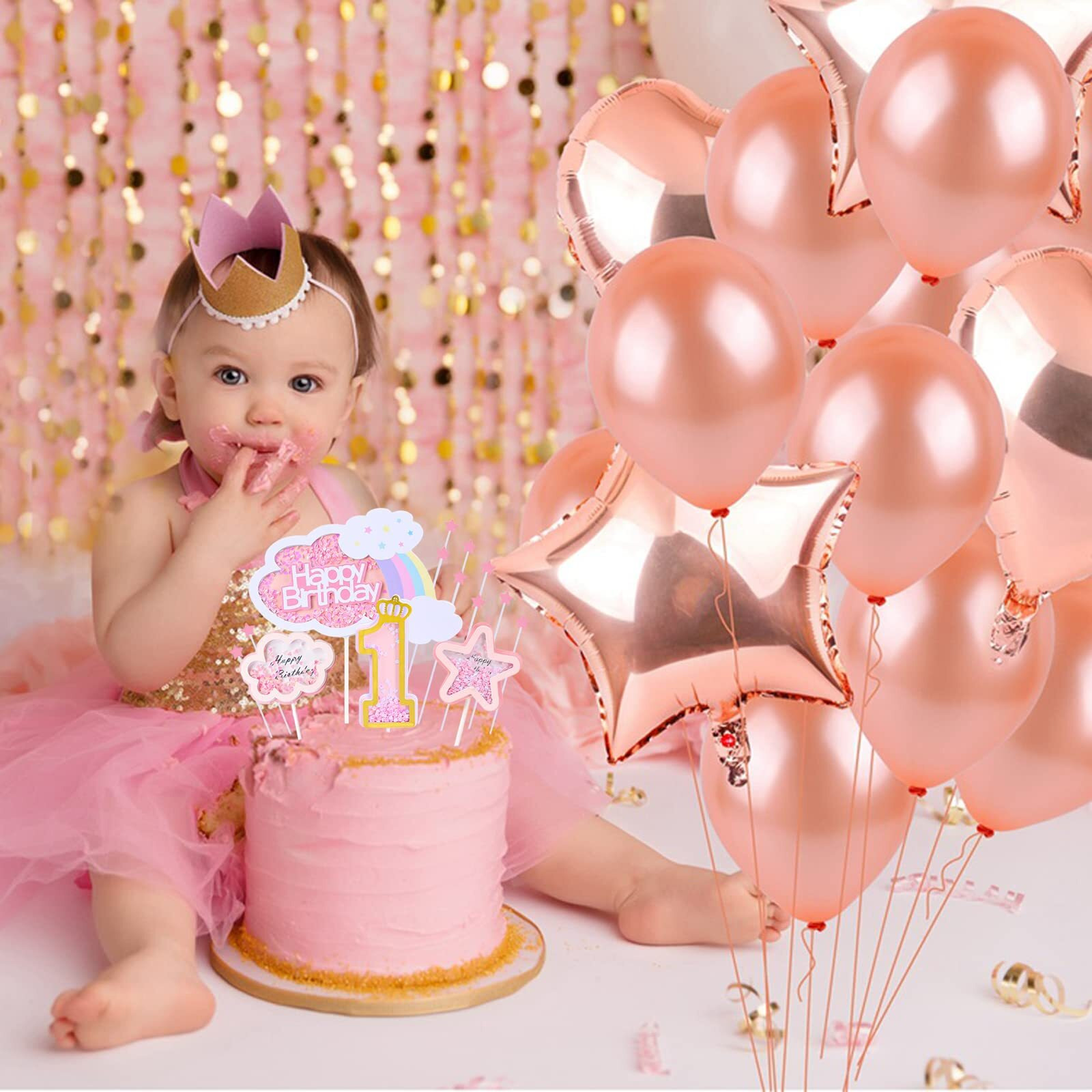 Kawailay Baby Girl 1St Birthday Cake Decoration Set First Birthday Cake Topper With Rainbow Clouds Stars Cake Picks One Year Old Cake Topper For Baby Shower Girl Birthday Party Supplies - Pink