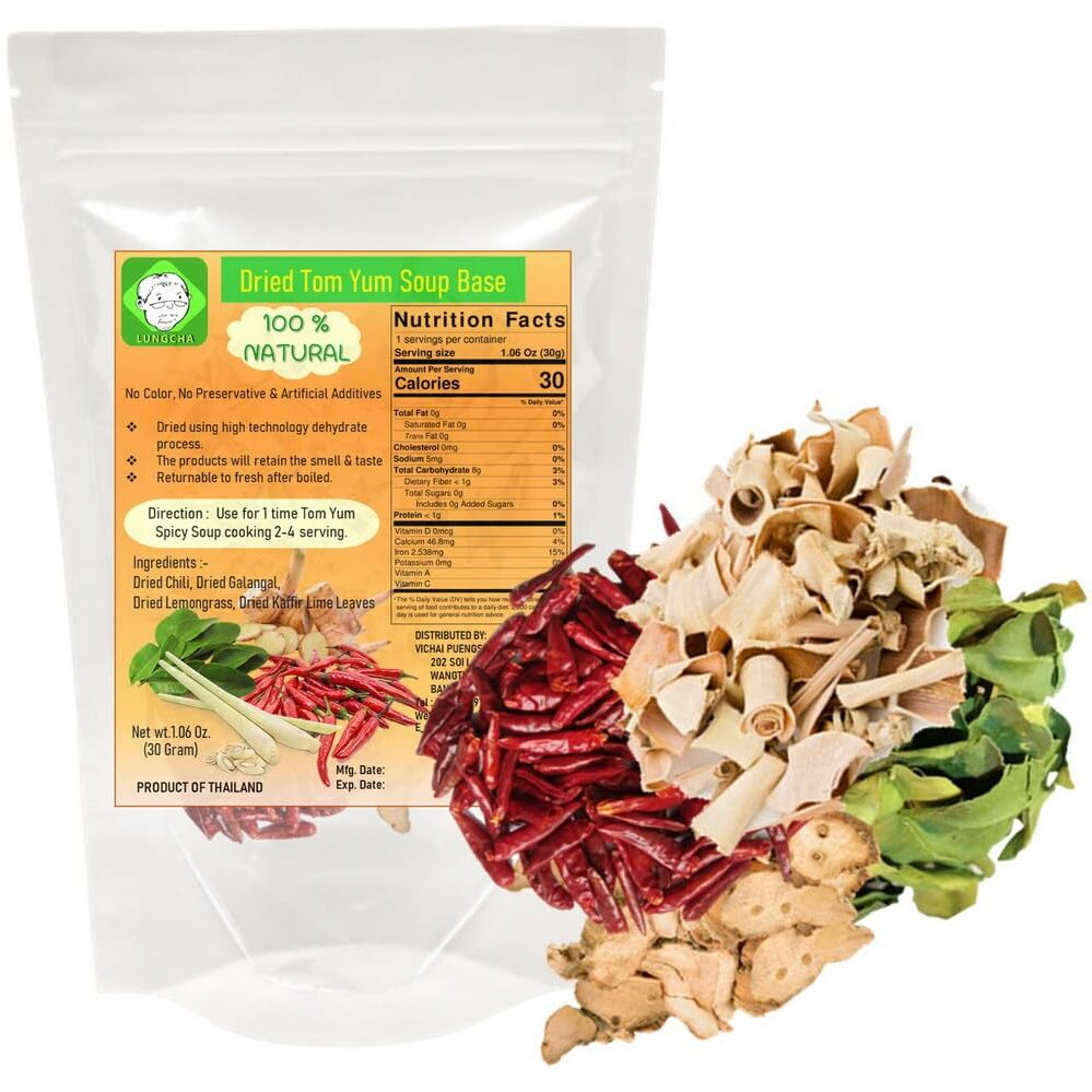 Tom Yum Set For 1 Time Cooking In Hot Spicy Soup 2-4 Serving 30 Gram Of Dried Chili, Dried Galangal, Dried Lemongrass, Dried Kaaffir Lime Leave