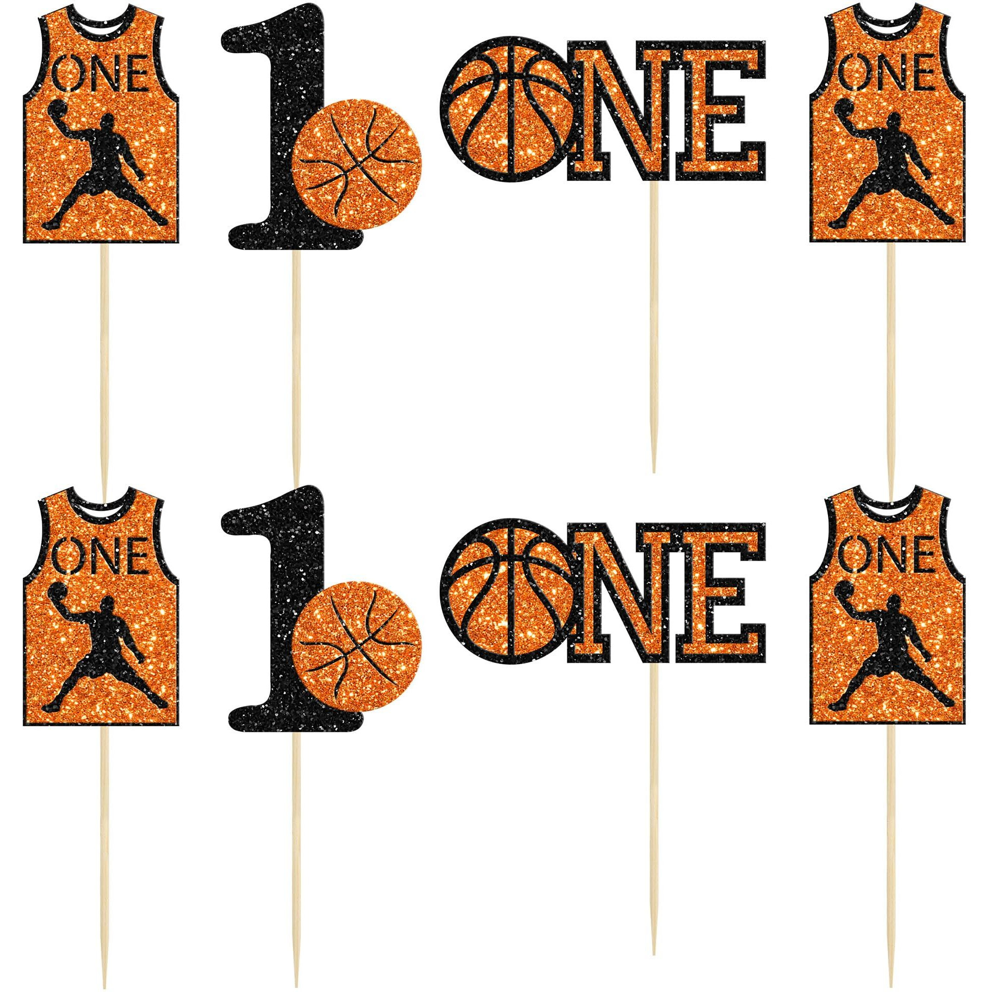 24Pcs Basketball One Cupcake Toppers Glitter Number 1 First Birthday Basketball Cupcake Picks For Basketball Sports Theme Baby Shower Kids 1St Birthday Party Cake Decorations Supplies