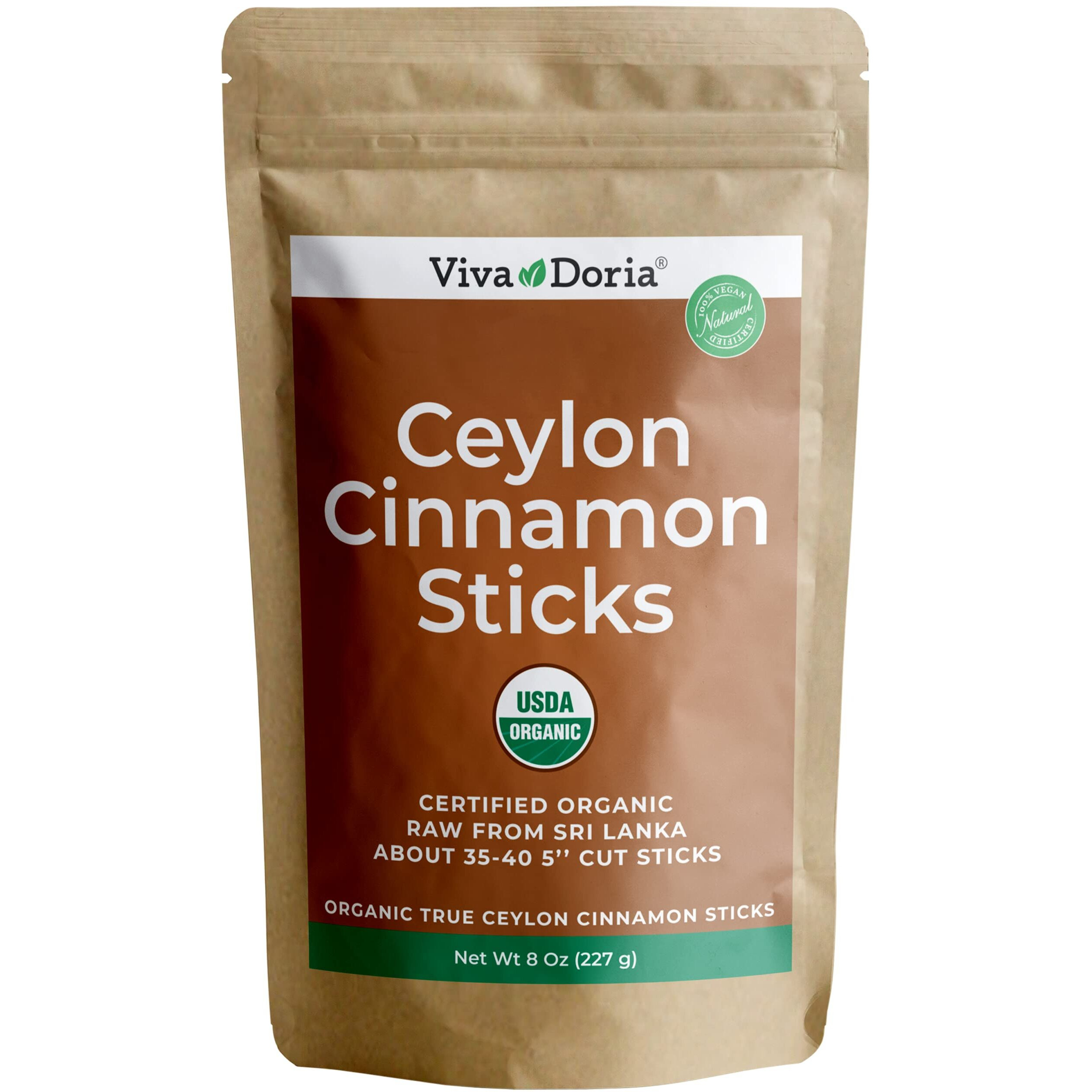 Viva Doria Organic Ceylon Cinnamon Sticks, 5'' Cut, Alba Grade, True Cinnamon, 8 Oz, | 35-40 Sticks | 100% Raw From Sri Lanka