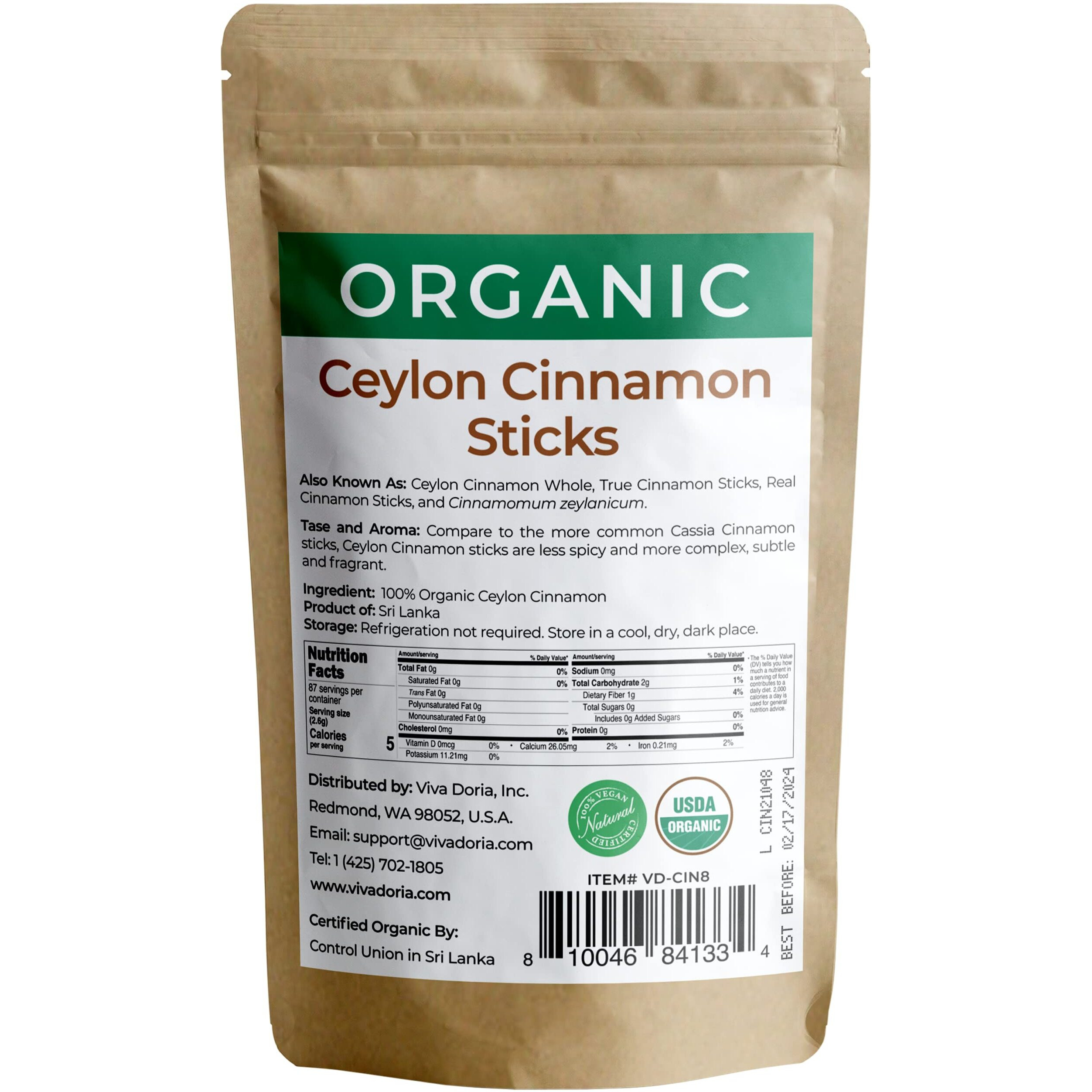 Viva Doria Organic Ceylon Cinnamon Sticks, 5'' Cut, Alba Grade, True Cinnamon, 8 Oz, | 35-40 Sticks | 100% Raw From Sri Lanka