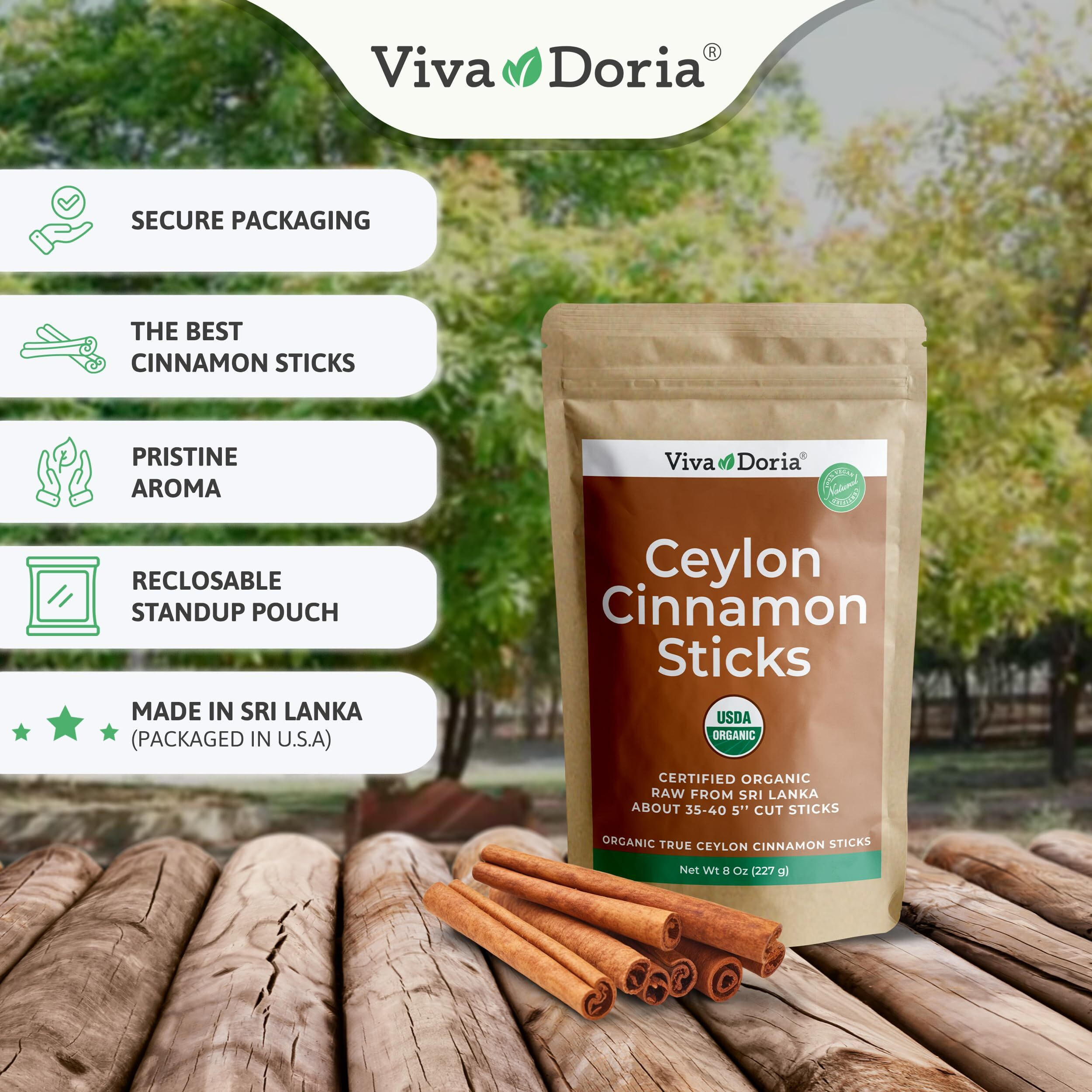 Viva Doria Organic Ceylon Cinnamon Sticks, 5'' Cut, Alba Grade, True Cinnamon, 8 Oz, | 35-40 Sticks | 100% Raw From Sri Lanka