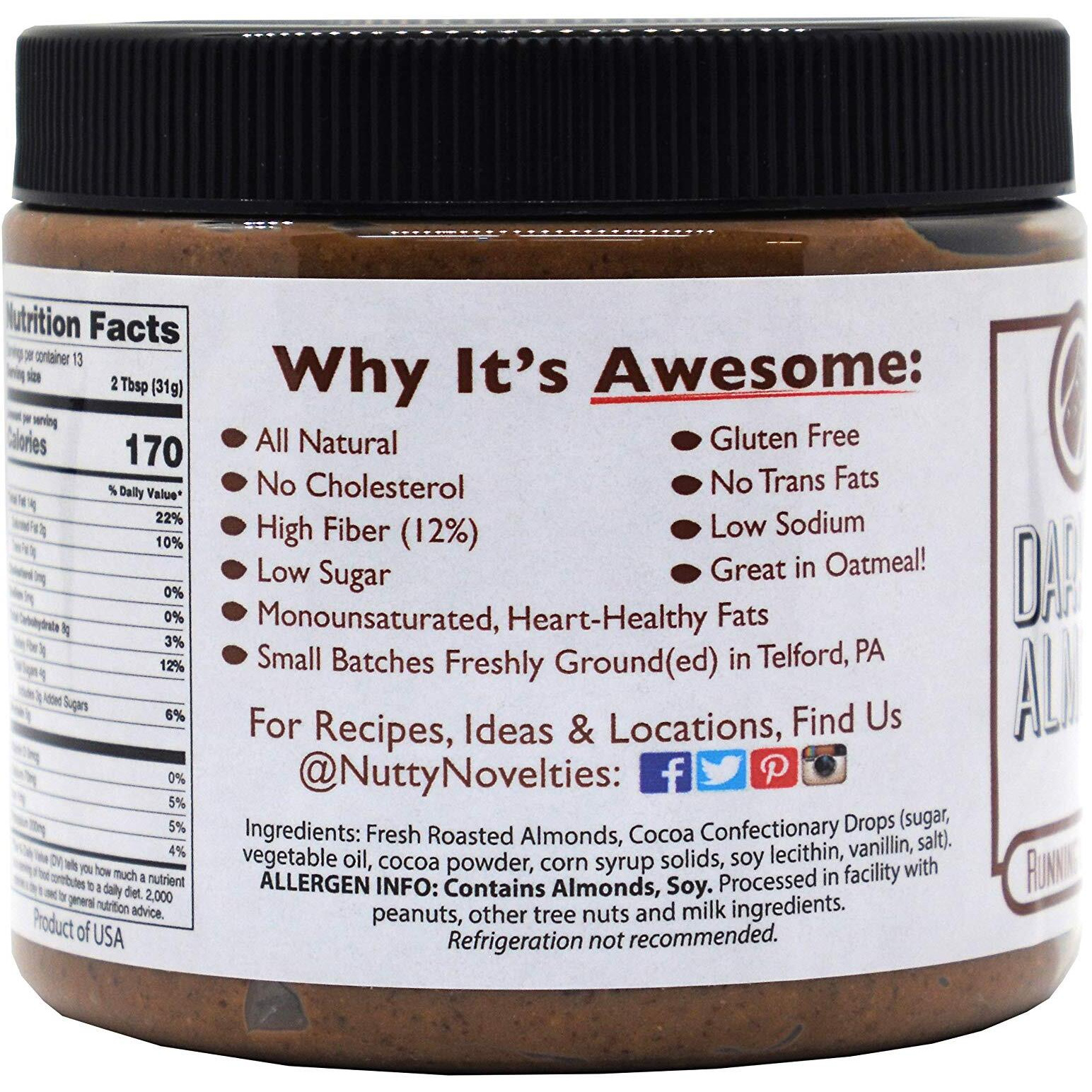 Nutty Novelties Dark Chocolate Almond Butter - High Protein, Sweet Almond Butter - All-Natural, Dark Chocolate Almond Butter Free Of Cholesterol & Preservatives - Vegan Almond Butter - 15 Ounces
