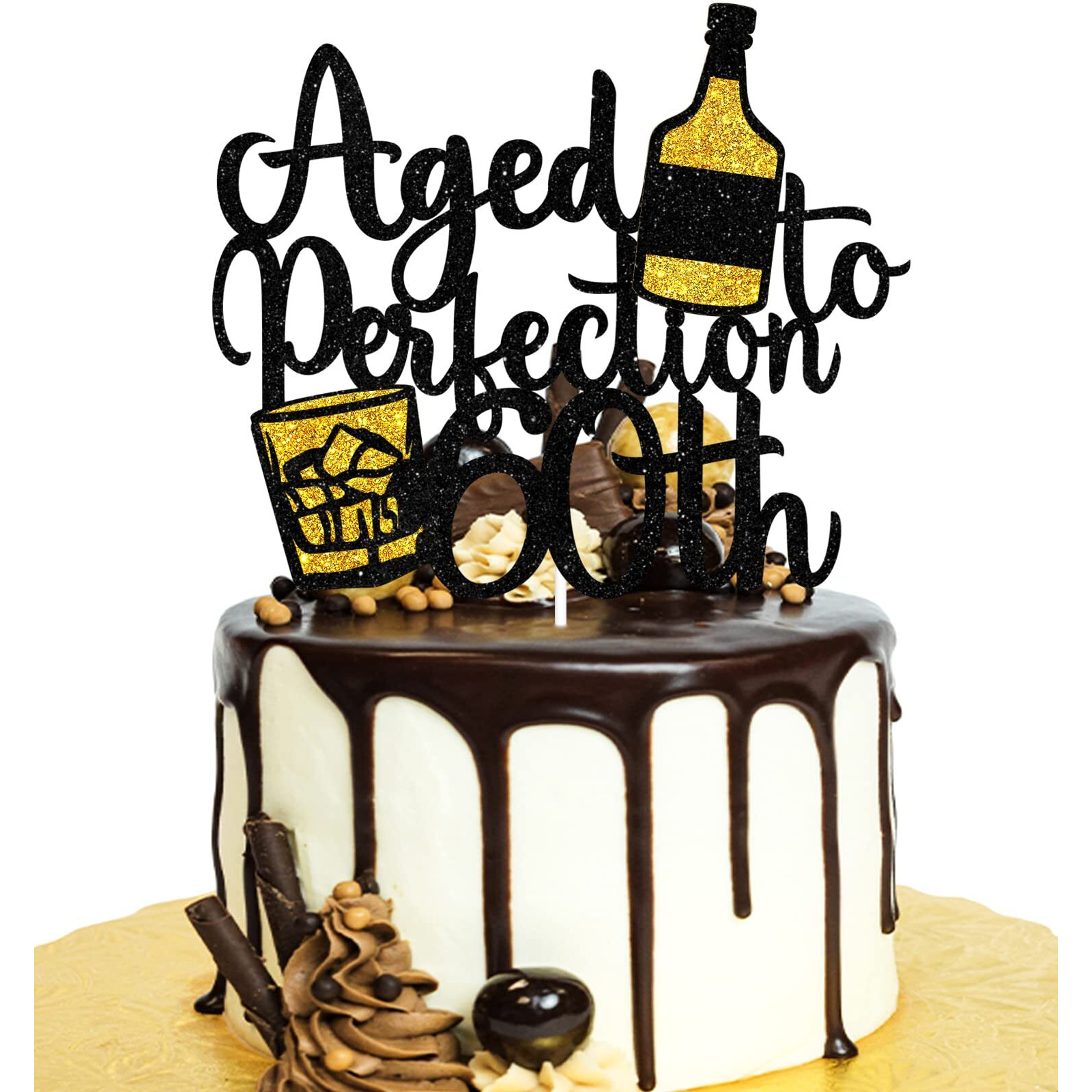 Aged To Perfection 60Th Birthday Cake Topper - Wine 60Th Birthday Black Glitter Cake Topper - Vintage 1963 Happy 60Th Birthday Party Cake Decoration