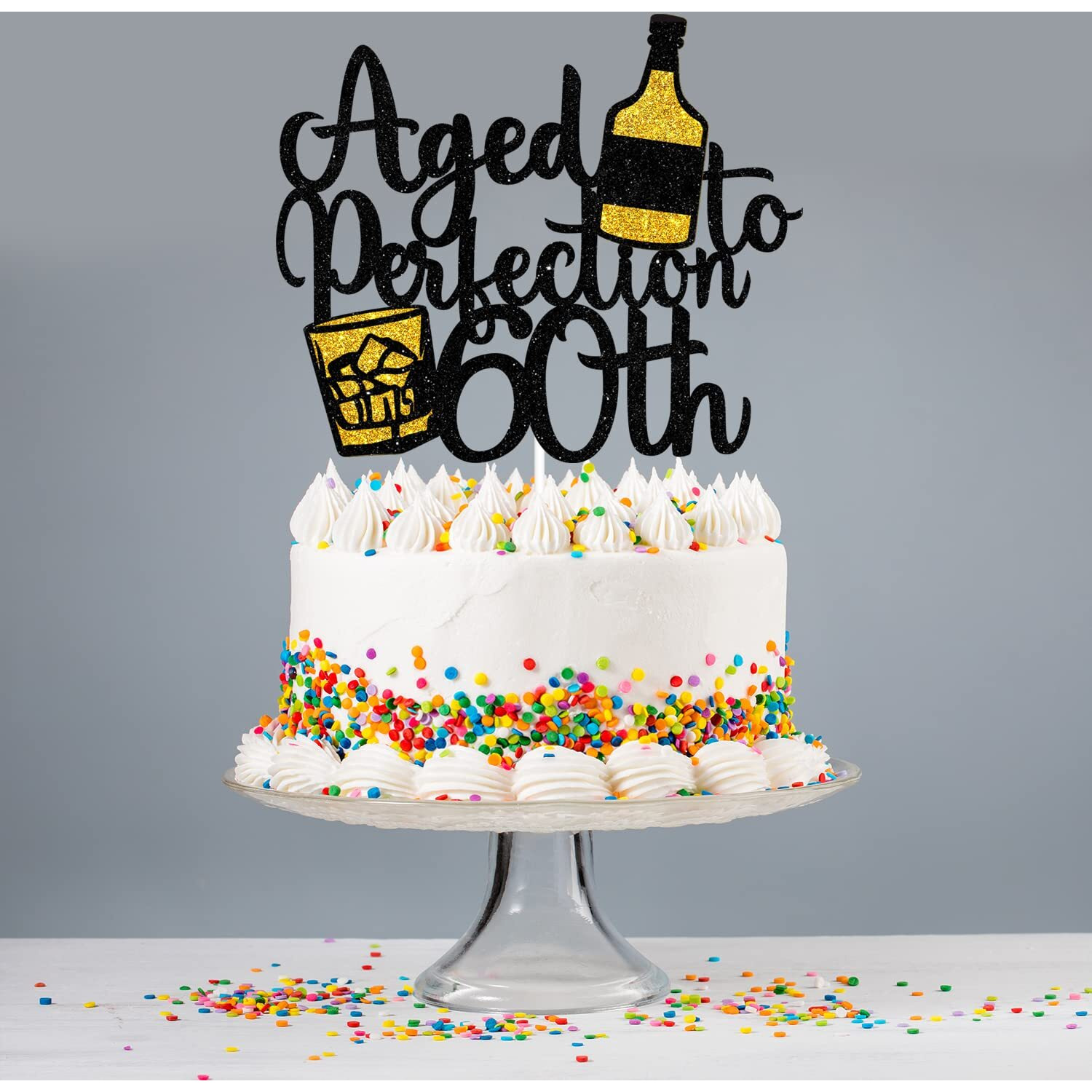 Aged To Perfection 60Th Birthday Cake Topper - Wine 60Th Birthday Black Glitter Cake Topper - Vintage 1963 Happy 60Th Birthday Party Cake Decoration