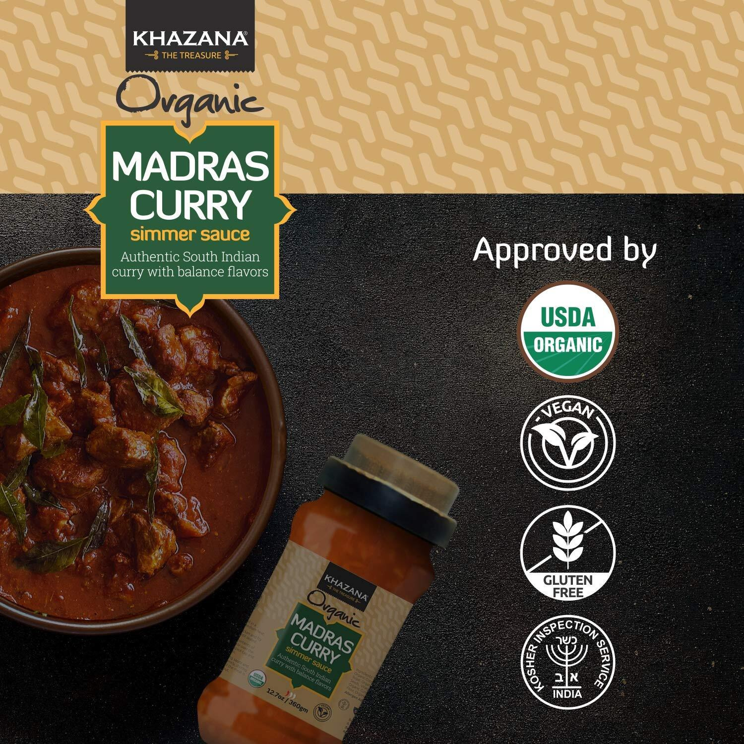 Khazana Organic Madras Curry Indian Simmer Sauce - 6 X 12.7Oz Jars | Non-Gmo, Vegan, Gluten Free, Kosher | Authentic Indian Meals Made Easy At Home