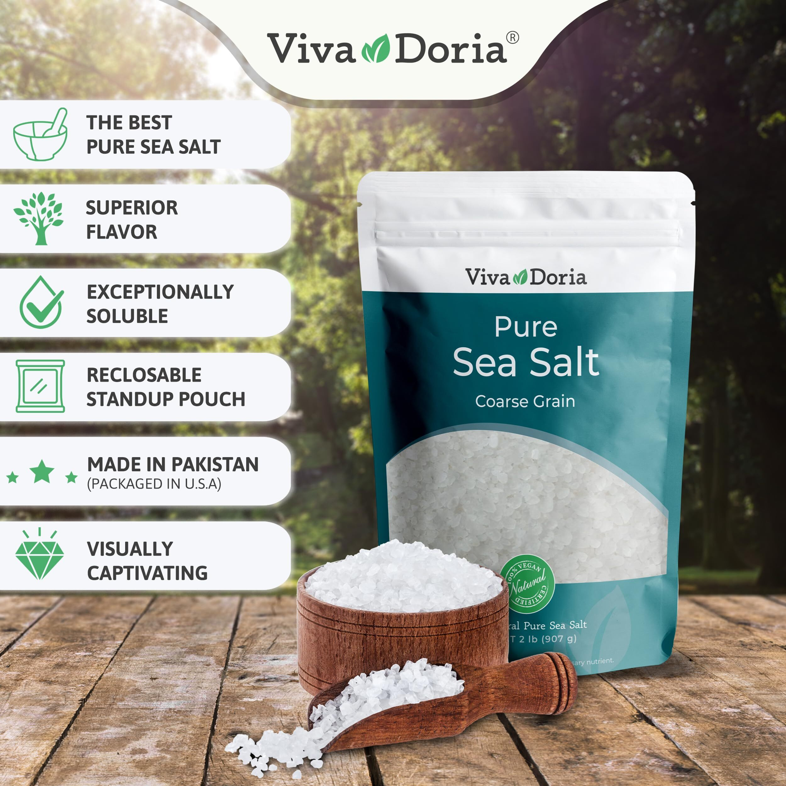 Viva Doria Pure Sea Salt, Coarse Grain, 2 Lb | Ideal For Salt Grinders