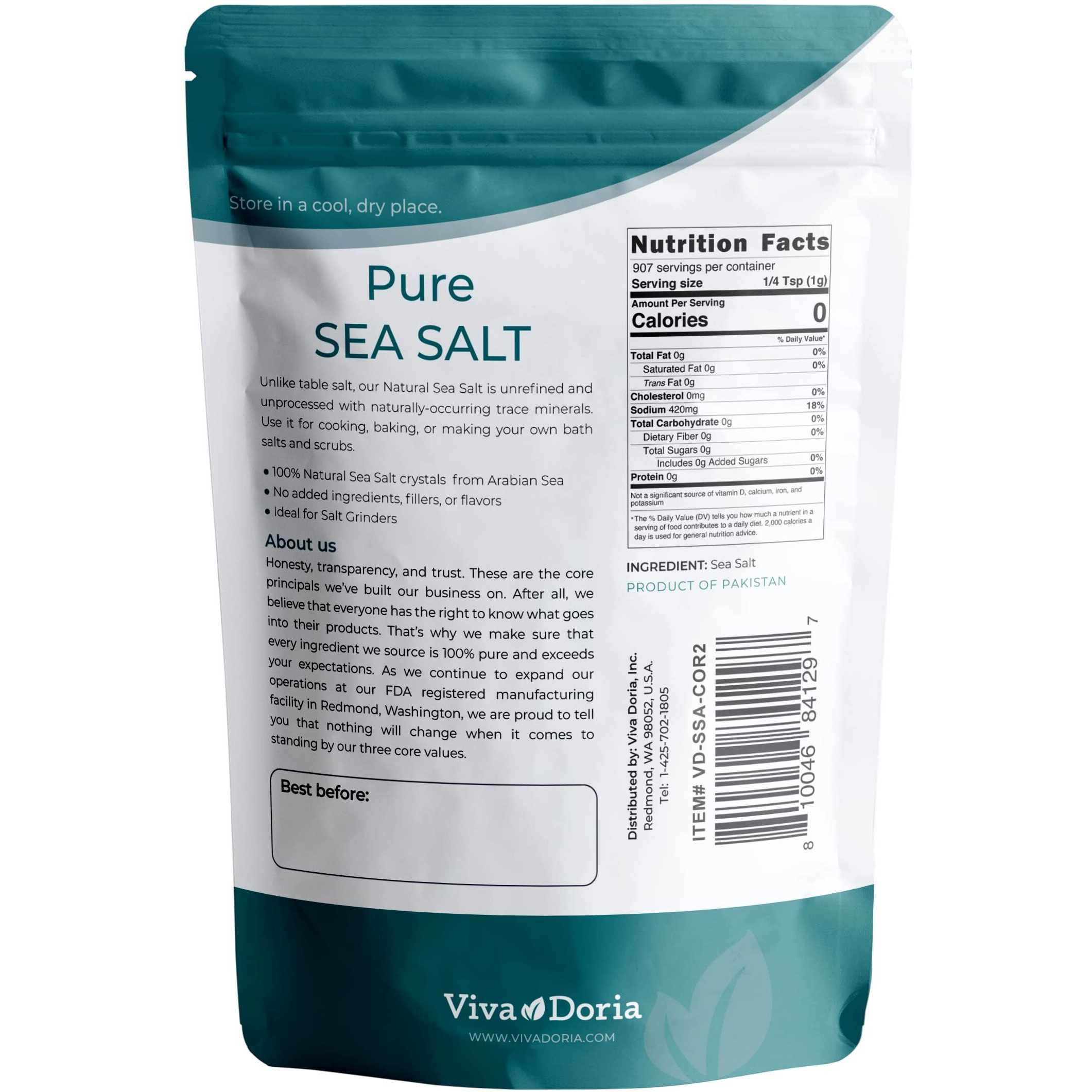 Viva Doria Pure Sea Salt, Coarse Grain, 2 Lb | Ideal For Salt Grinders