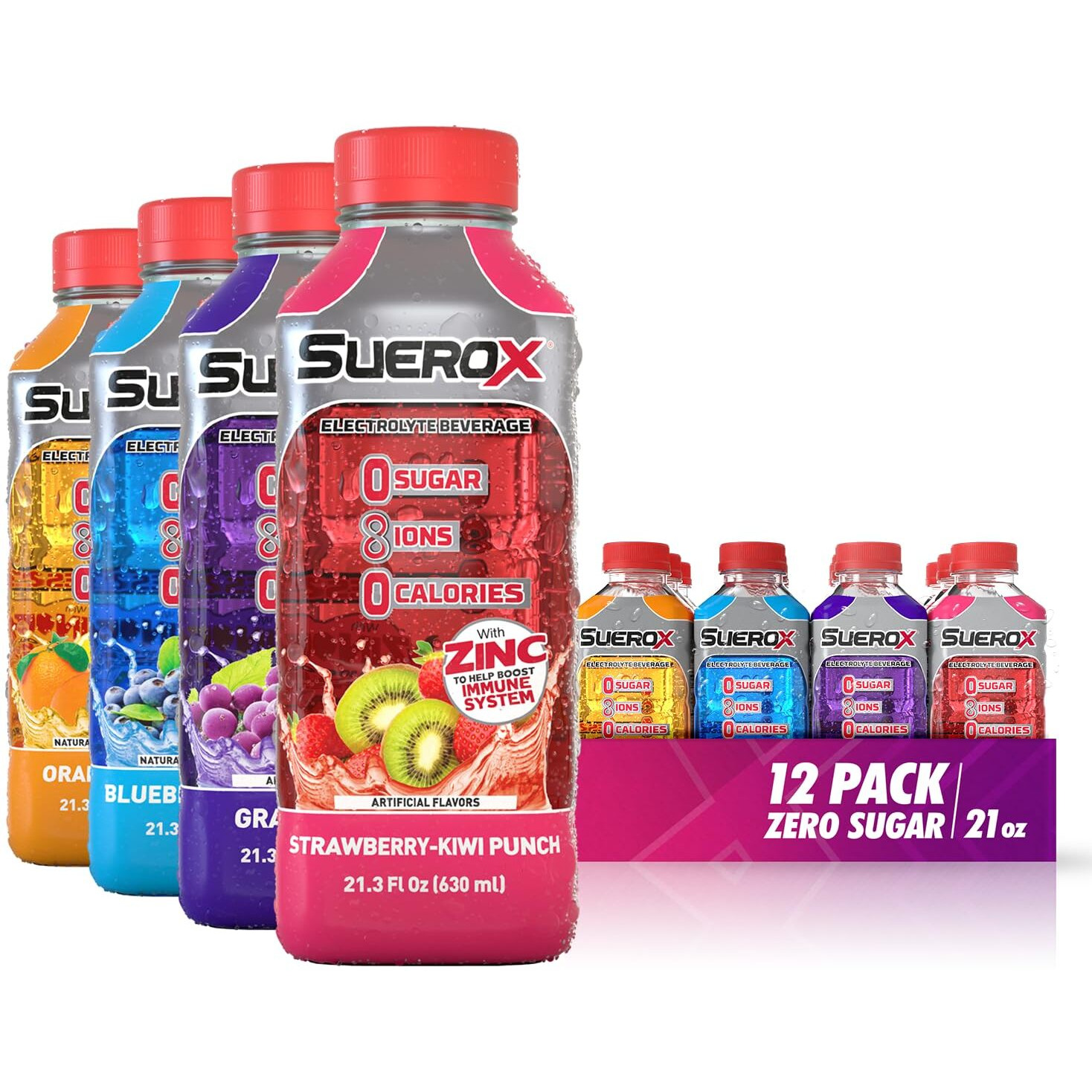 Suerox Zero Sugar Electrolyte Drink For Hydration And Recovery, Unique Blend Of Electrolytes & 8 Ions, Zero Calorie Sports Drink, 21.3 Fl Oz, Variety Pack, 12 Count