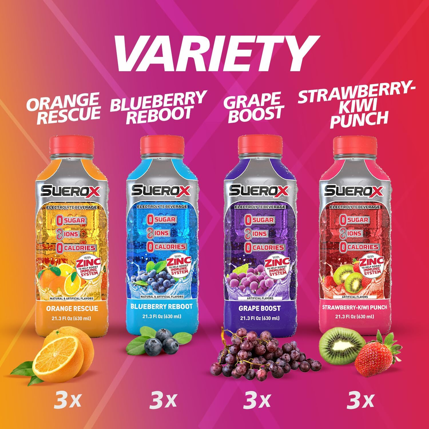 Suerox Zero Sugar Electrolyte Drink For Hydration And Recovery, Unique Blend Of Electrolytes & 8 Ions, Zero Calorie Sports Drink, 21.3 Fl Oz, Variety Pack, 12 Count