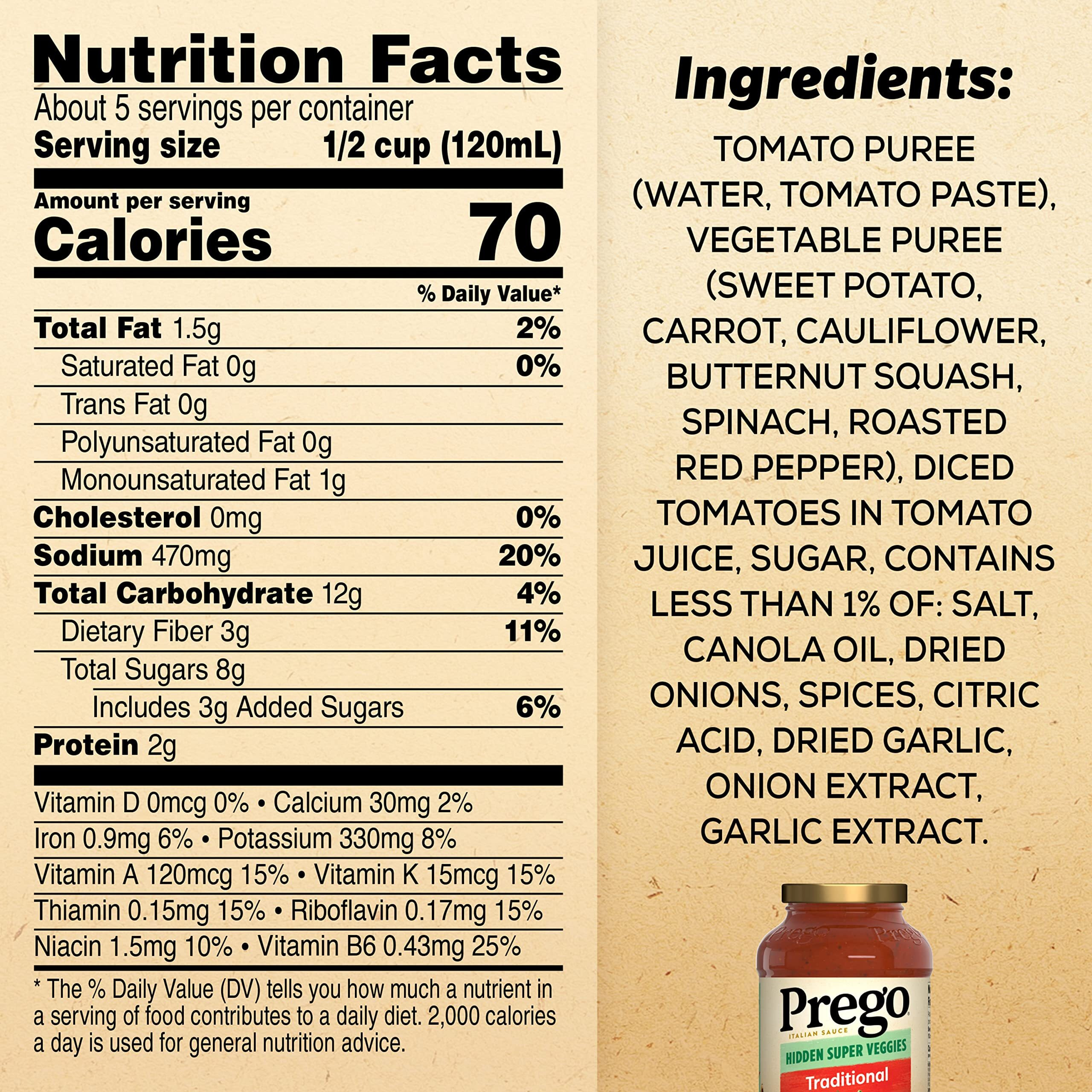 Prego Hidden Super Veggies Traditional Pasta Sauce, 24 Oz Jar (Case Of 6)