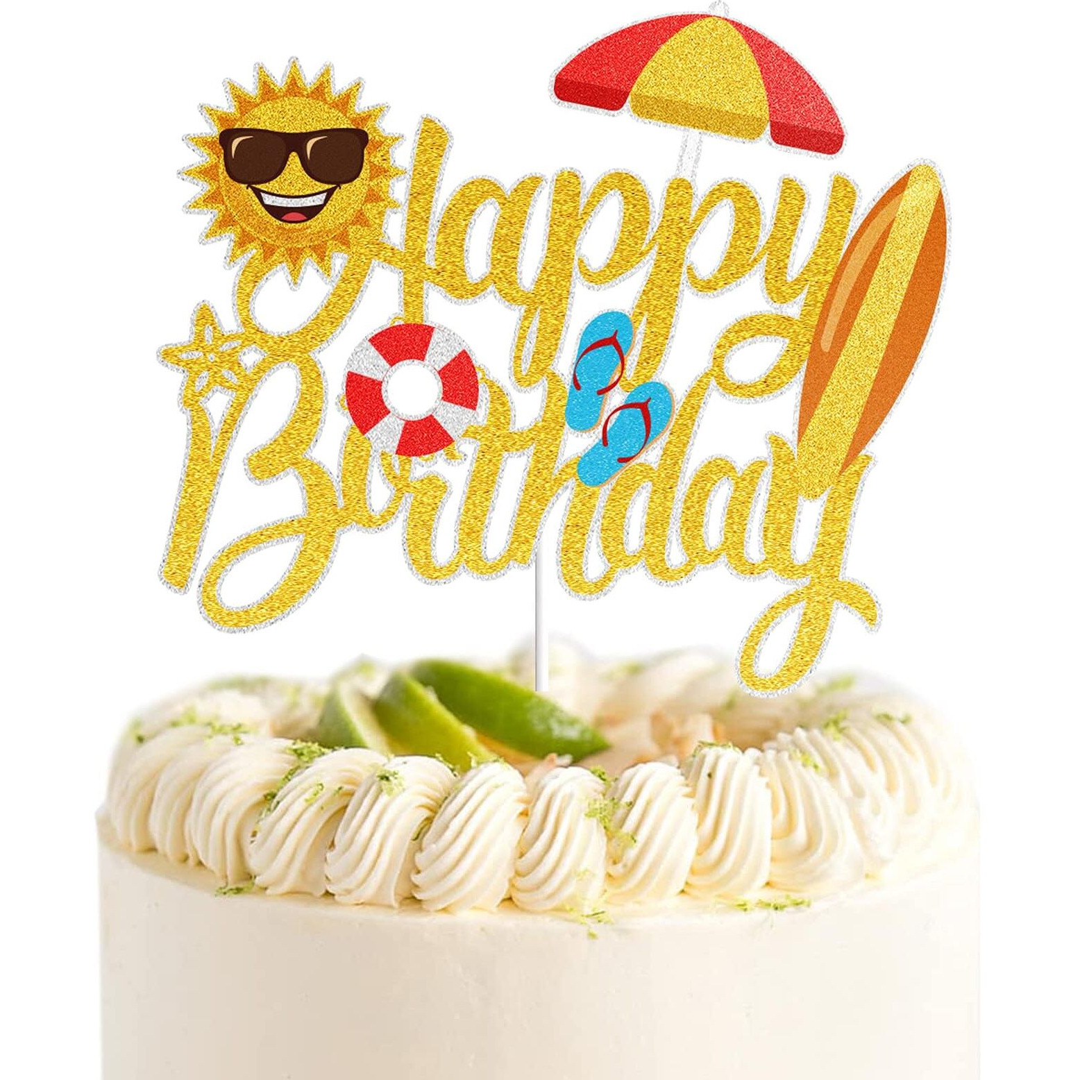 Summer Beach Happy Birthday Cake Topper Gold Glitter Summer Pool Swimming Surfing Party Decoration Summer Holiday Birthday Party Favor Supplies
