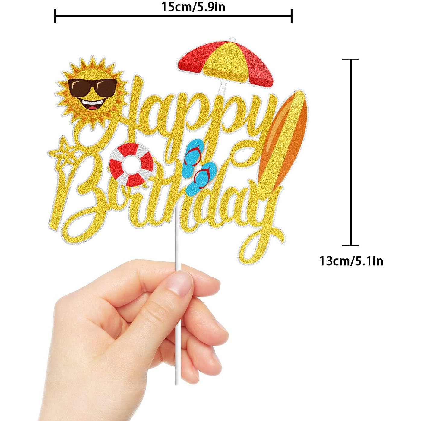 Summer Beach Happy Birthday Cake Topper Gold Glitter Summer Pool Swimming Surfing Party Decoration Summer Holiday Birthday Party Favor Supplies