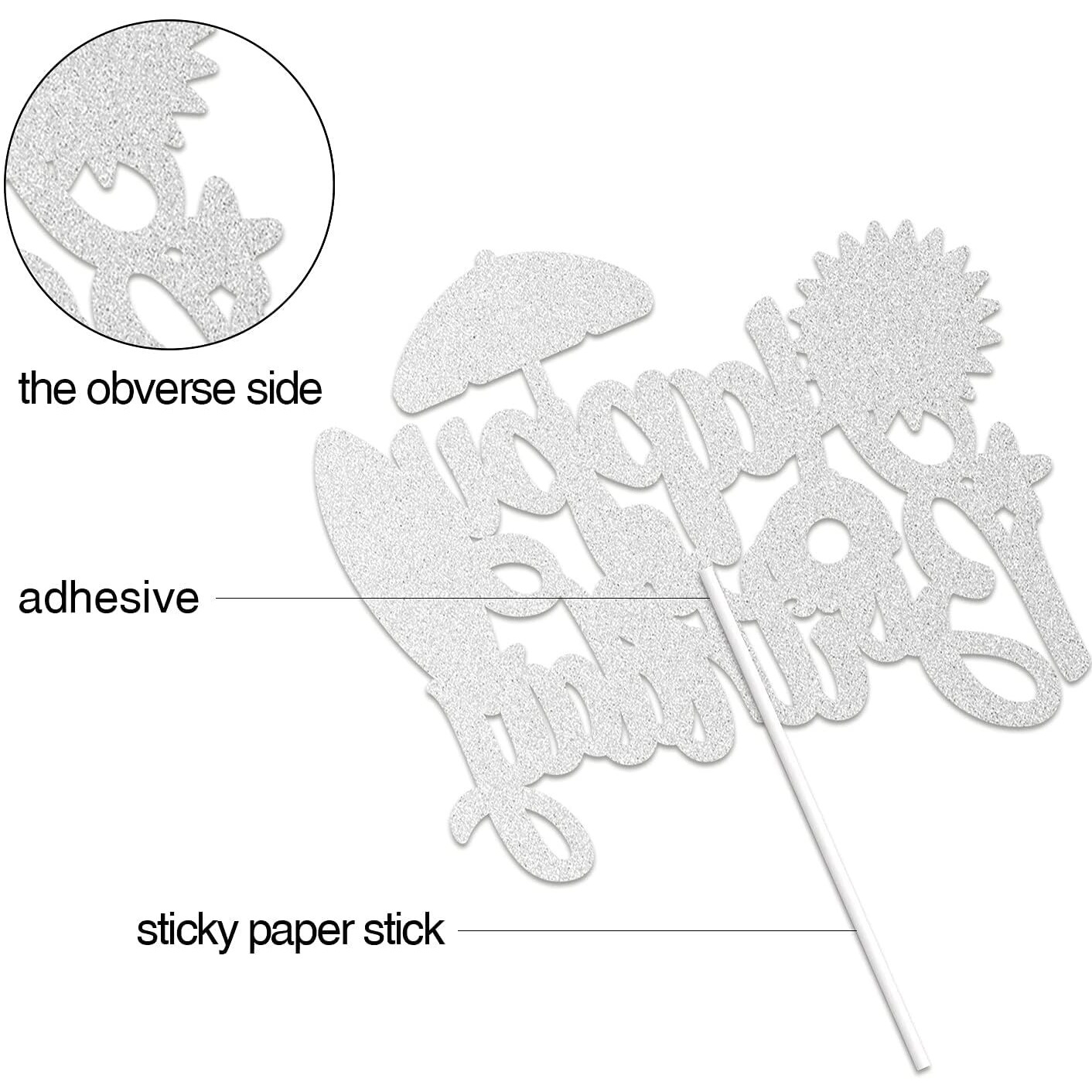 Summer Beach Happy Birthday Cake Topper Gold Glitter Summer Pool Swimming Surfing Party Decoration Summer Holiday Birthday Party Favor Supplies