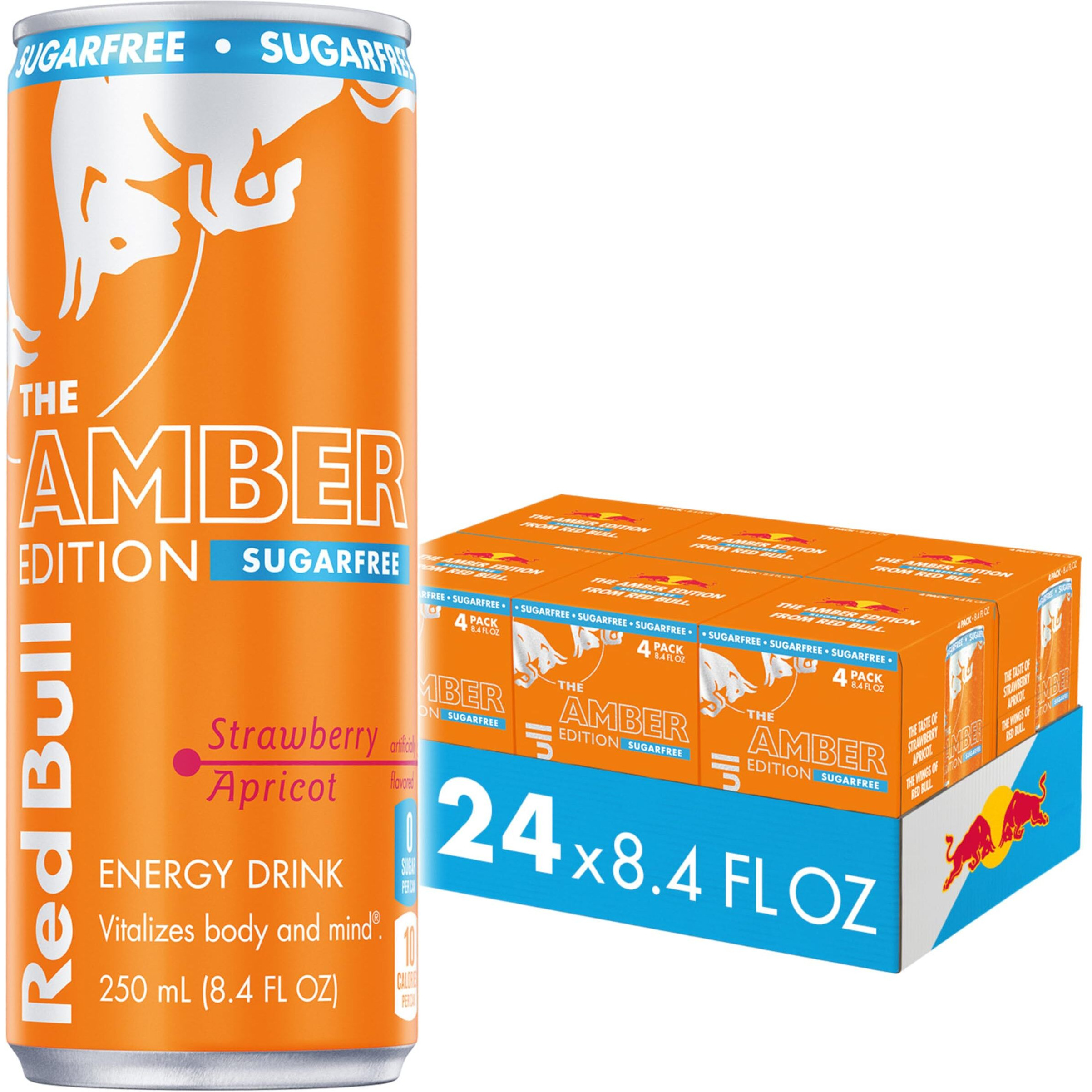 Red Bull Amber Edition Sugar Free Energy Drink, Strawberry Apricot, With 80Mg Caffeine Plus Taurine & B Vitamins, 8.4 Fl Oz, 6 Packs Of 4 Cans (Pack Of 24)
