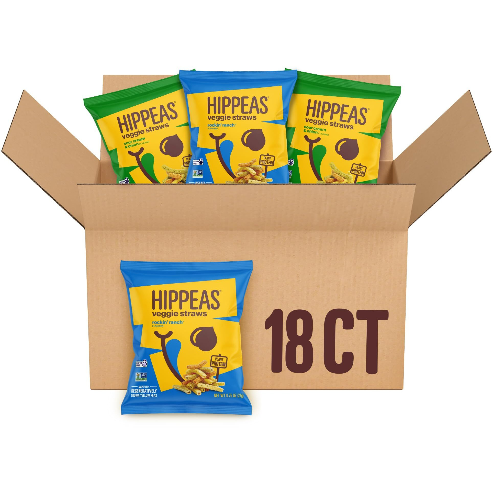 Hippeas Veggie Straws, Variety Pack Straight Up Sea Salt, Sour Cream & Onion, Rockin Ranch, 0.75 Ounce (Pack Of 18), 2G Protein, 1G Fiber, Vegan, Gluten-Free, Crunchy, Plant Protein Snacks