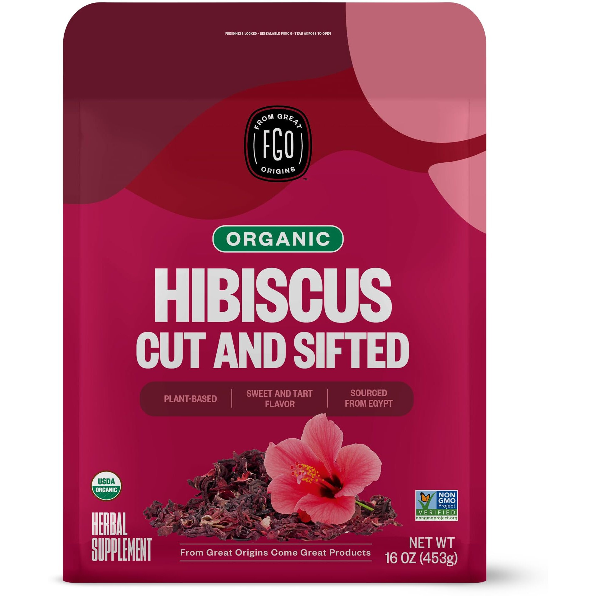 Fgo Organic Hibiscus Flowers Loose Tea, Resealable Kraft Bag, 16Oz (Pack Of 1)