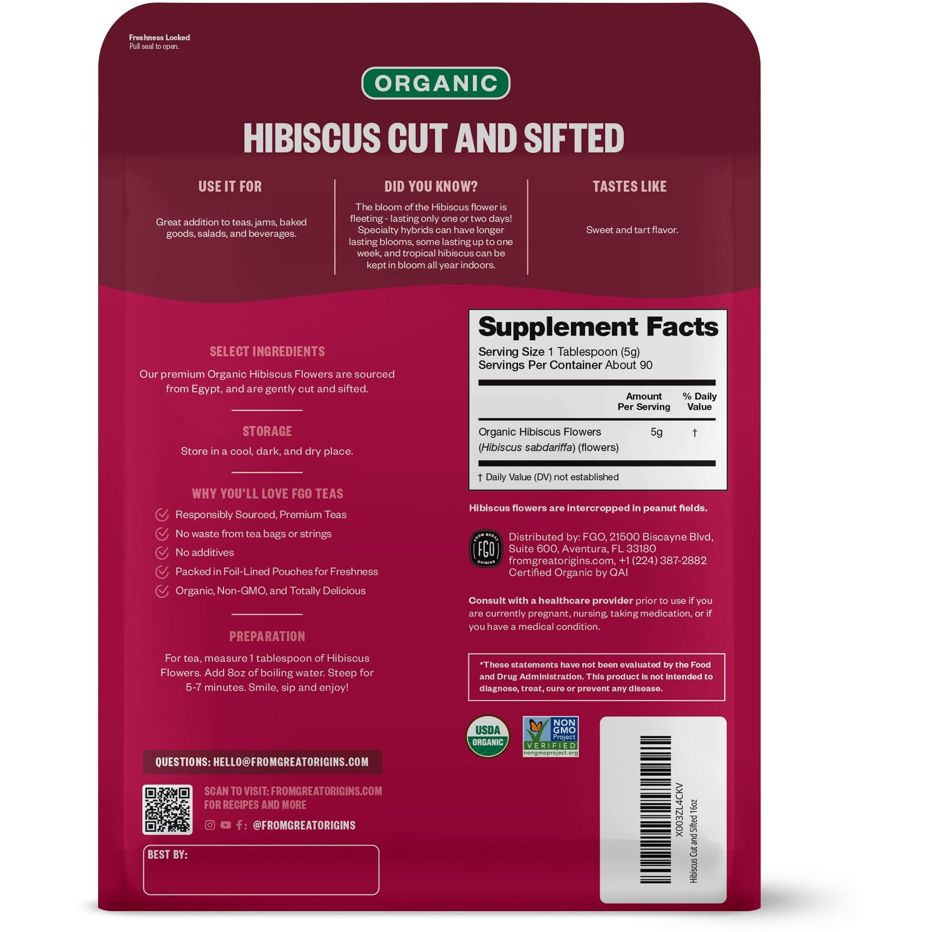 Fgo Organic Hibiscus Flowers Loose Tea, Resealable Kraft Bag, 16Oz (Pack Of 1)