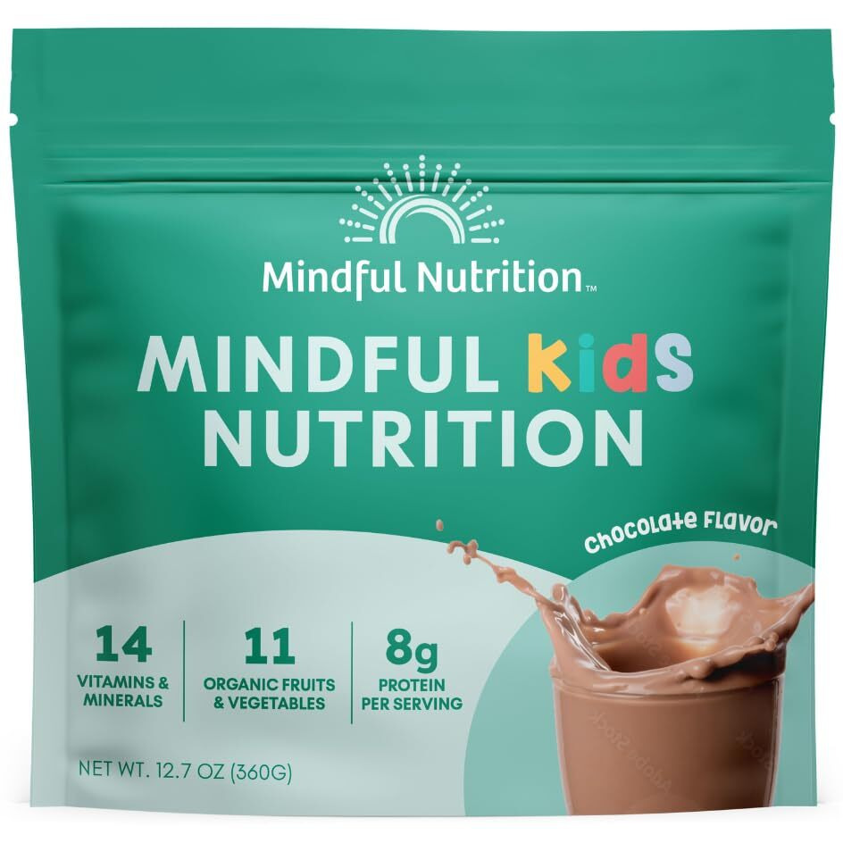 Mindful Nutrition Kids Protein Powder Shake Mix, Organic Fruit And Vegetable Green Superfoods, Vitamins, Minerals, Healthy Chocolate Milk Snack For Toddlers, Kids, Teens And Adults 12.7Oz