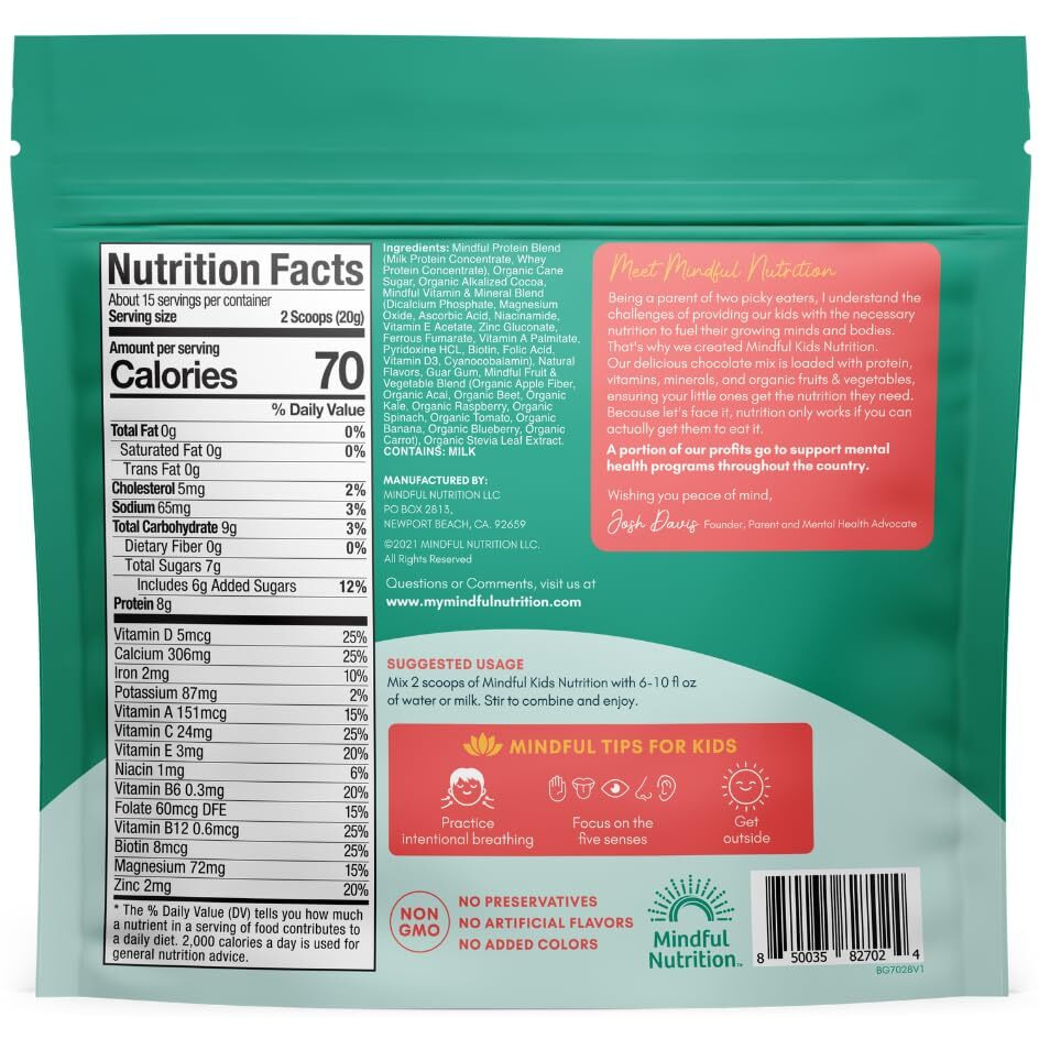 Mindful Nutrition Kids Protein Powder Shake Mix, Organic Fruit And Vegetable Green Superfoods, Vitamins, Minerals, Healthy Chocolate Milk Snack For Toddlers, Kids, Teens And Adults 12.7Oz
