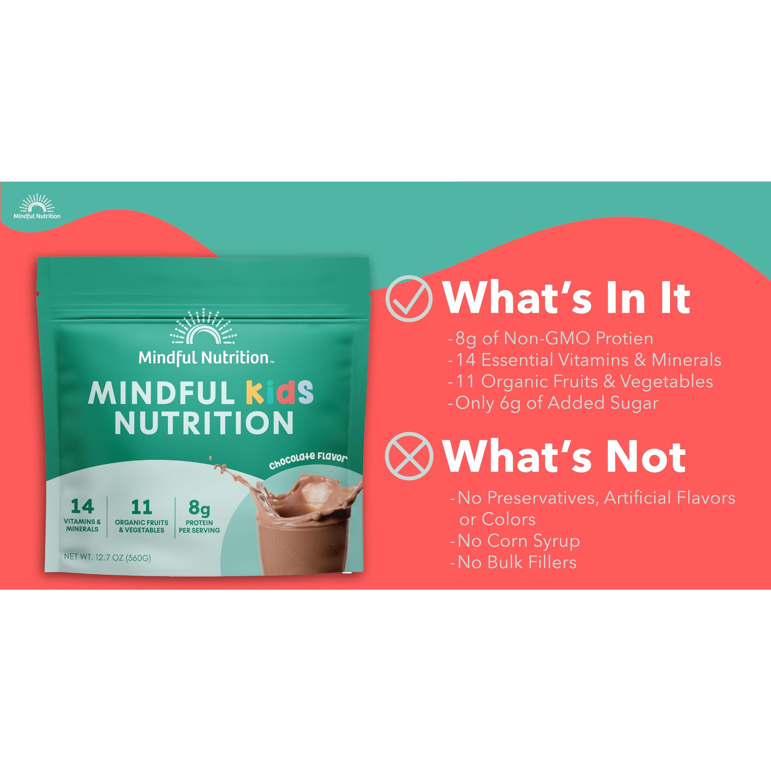 Mindful Nutrition Kids Protein Powder Shake Mix, Organic Fruit And Vegetable Green Superfoods, Vitamins, Minerals, Healthy Chocolate Milk Snack For Toddlers, Kids, Teens And Adults 12.7Oz