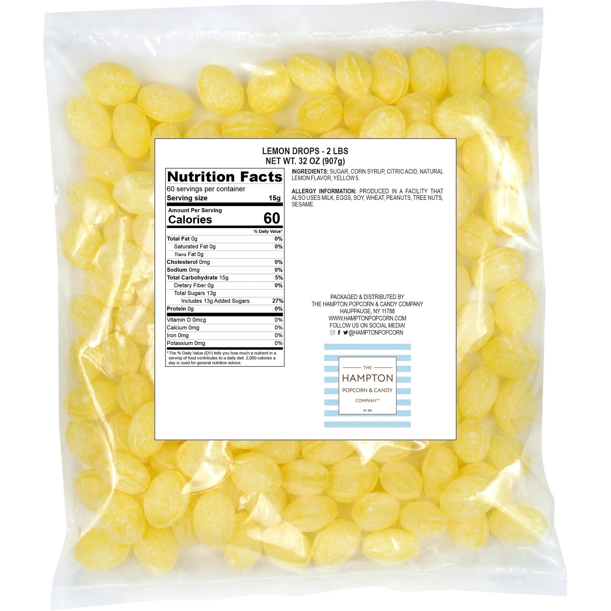 Claeys Sanded Lemon Drops, 2 Pound Bulk Bag (Approx 144 Pieces), Hard Sour Candy, Lemon Flavored Candy