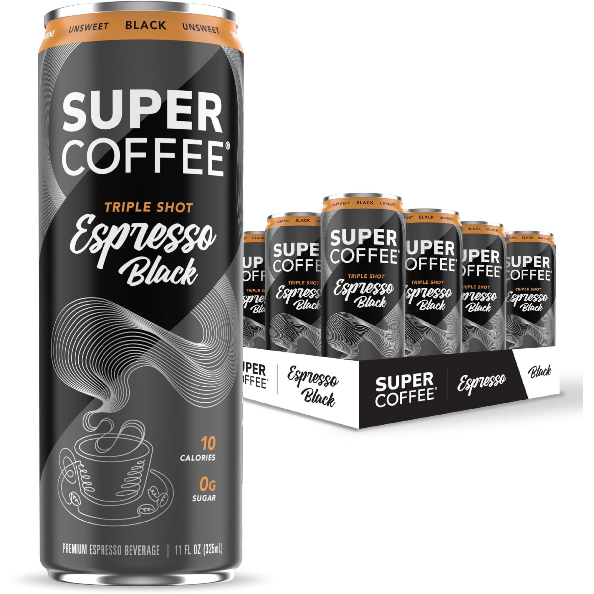 Super Coffee Espresso, Iced Keto Coffee (0G Added Sugar, 10 Calories) [Triple Shot Black] 11 Fl Oz, 12 Pack | Iced Coffee, Cold Brew, Coffee Drinks, Smart Coffee - Soyfree Glutenfree