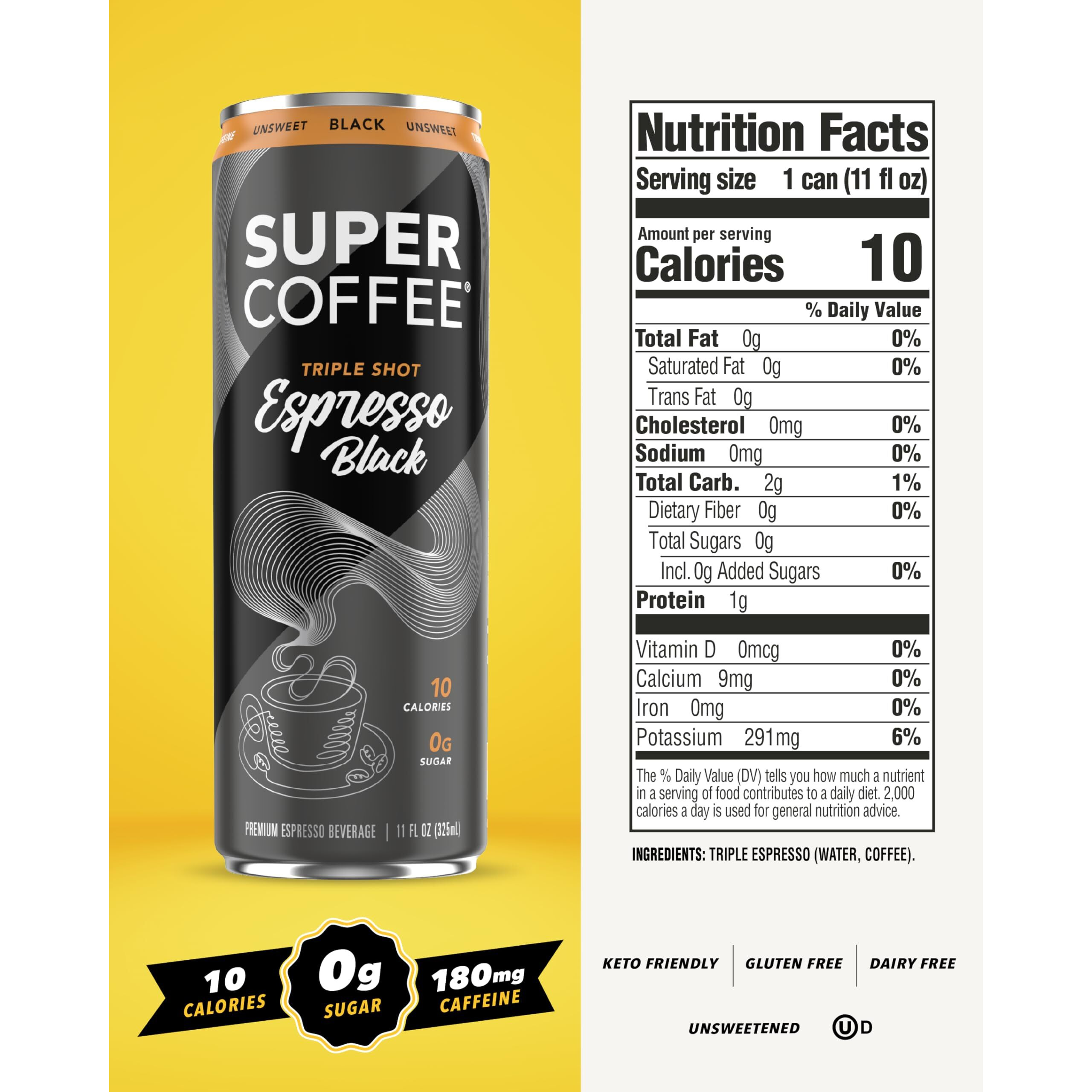 Super Coffee Espresso, Iced Keto Coffee (0G Added Sugar, 10 Calories) [Triple Shot Black] 11 Fl Oz, 12 Pack | Iced Coffee, Cold Brew, Coffee Drinks, Smart Coffee - Soyfree Glutenfree