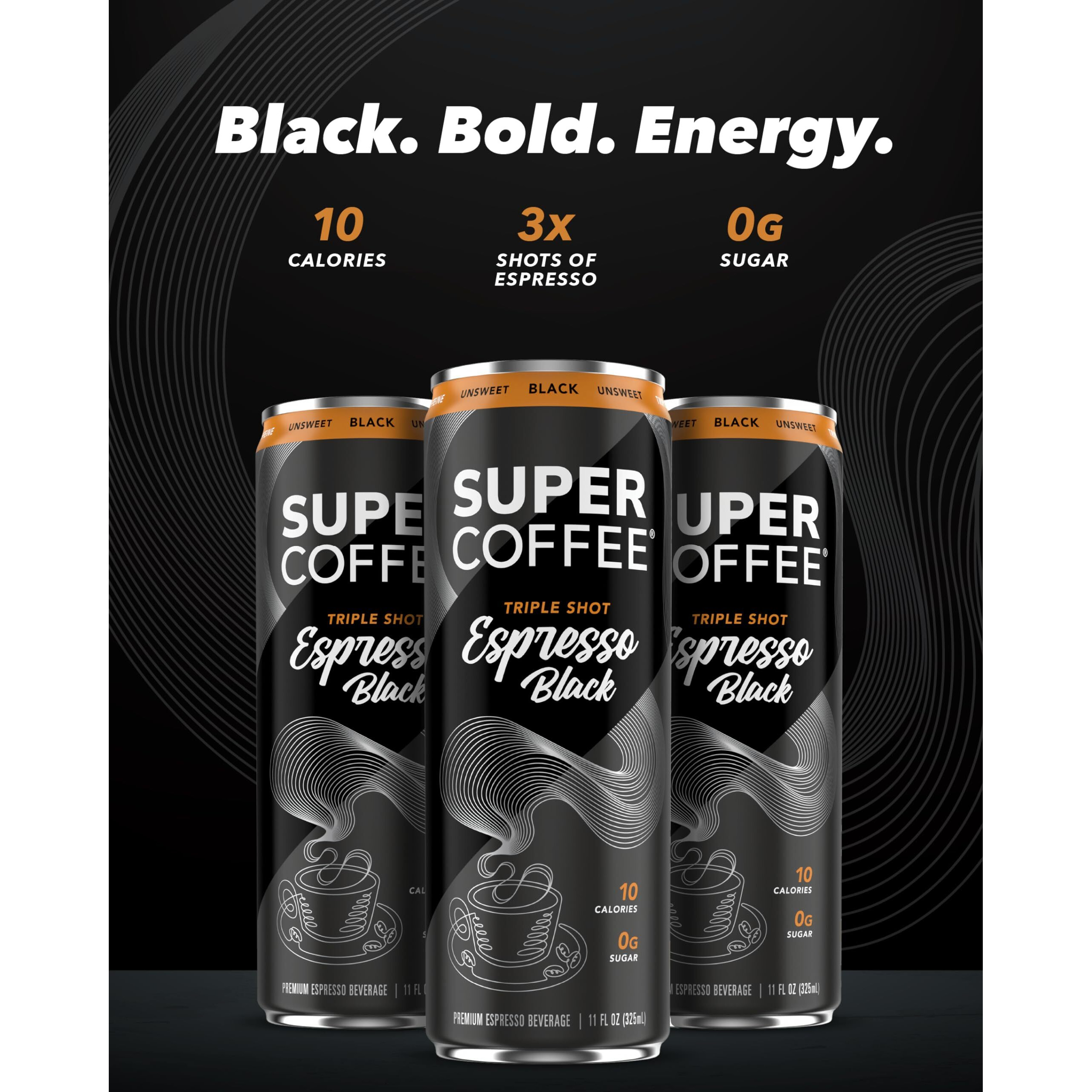 Super Coffee Espresso, Iced Keto Coffee (0G Added Sugar, 10 Calories) [Triple Shot Black] 11 Fl Oz, 12 Pack | Iced Coffee, Cold Brew, Coffee Drinks, Smart Coffee - Soyfree Glutenfree