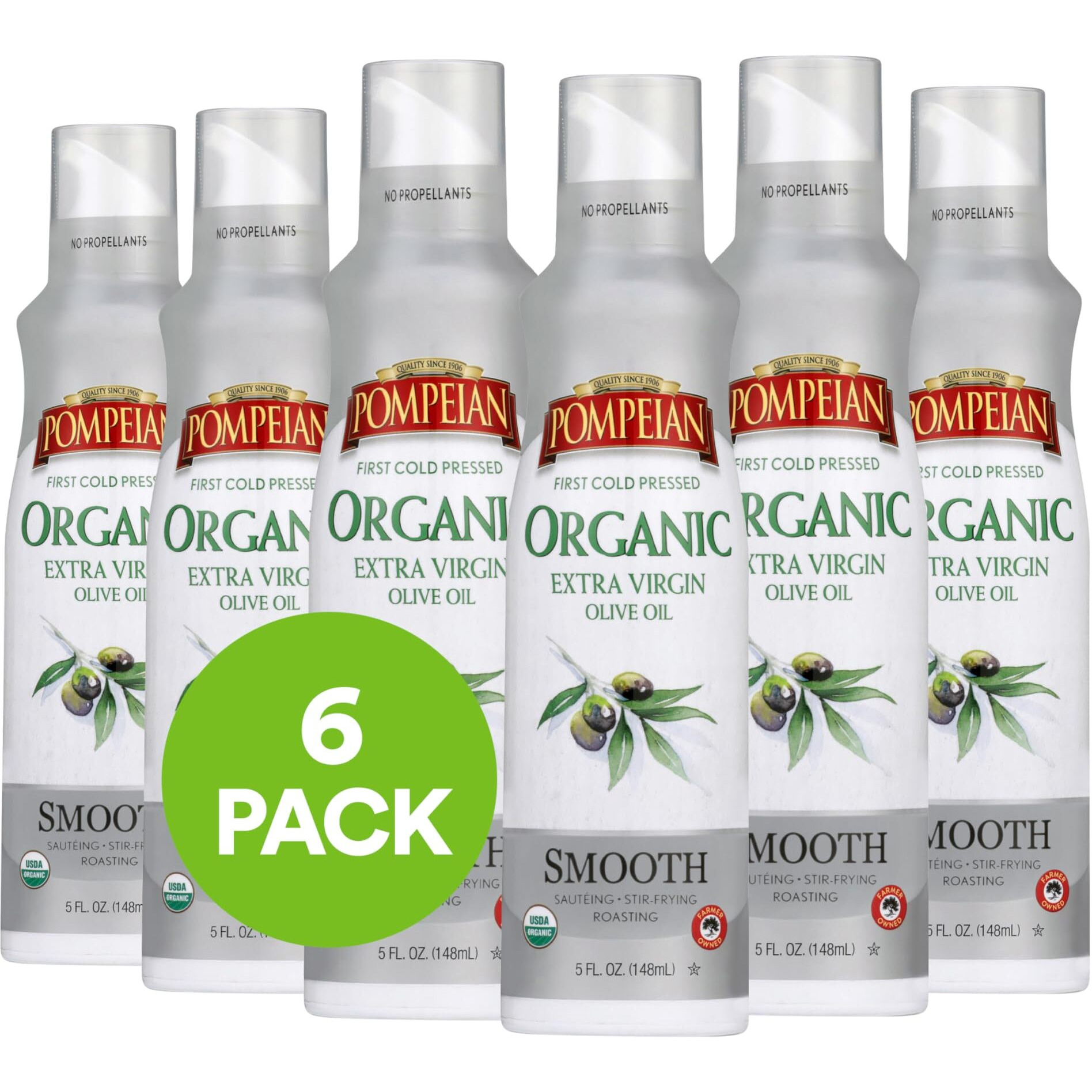 Pompeian Usda Certified Organic Smooth Extra Virgin Olive Oil Non-Stick Cooking Spray, First Cold Pressed, Delicate Flavor, Perfect For Saut  Ing & Stir-Frying, No Propellants, 5 Fl. Oz.,(Pack Of 6)