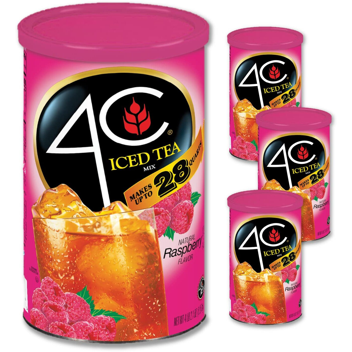 4C Powdered Drink Mix Cannisters, Raspberry Tea 3 Pack, 28 Quarts, Family Sized Cannister, Thirst Quenching & Refreshing Flavors