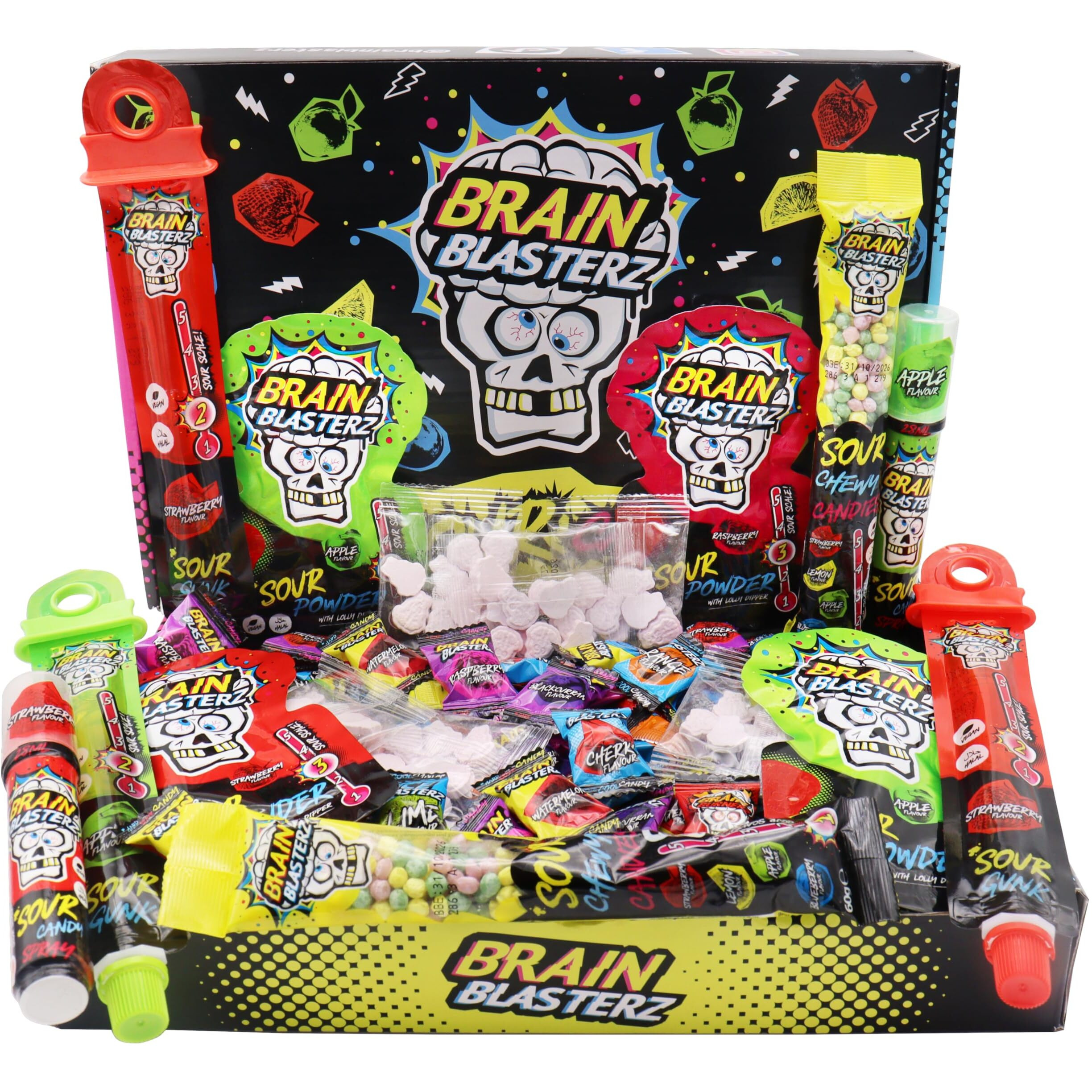 Brain Blasterz Large Sour Candy Variety Pack, Halloween Candy Box, Sour Candy Gift Box W/ 22 Pcs, Sour Sweets, Unique Candy Variety Pack, Vegan Candy, Halal Candy, Chew Bars, Birthday Sweets Gift