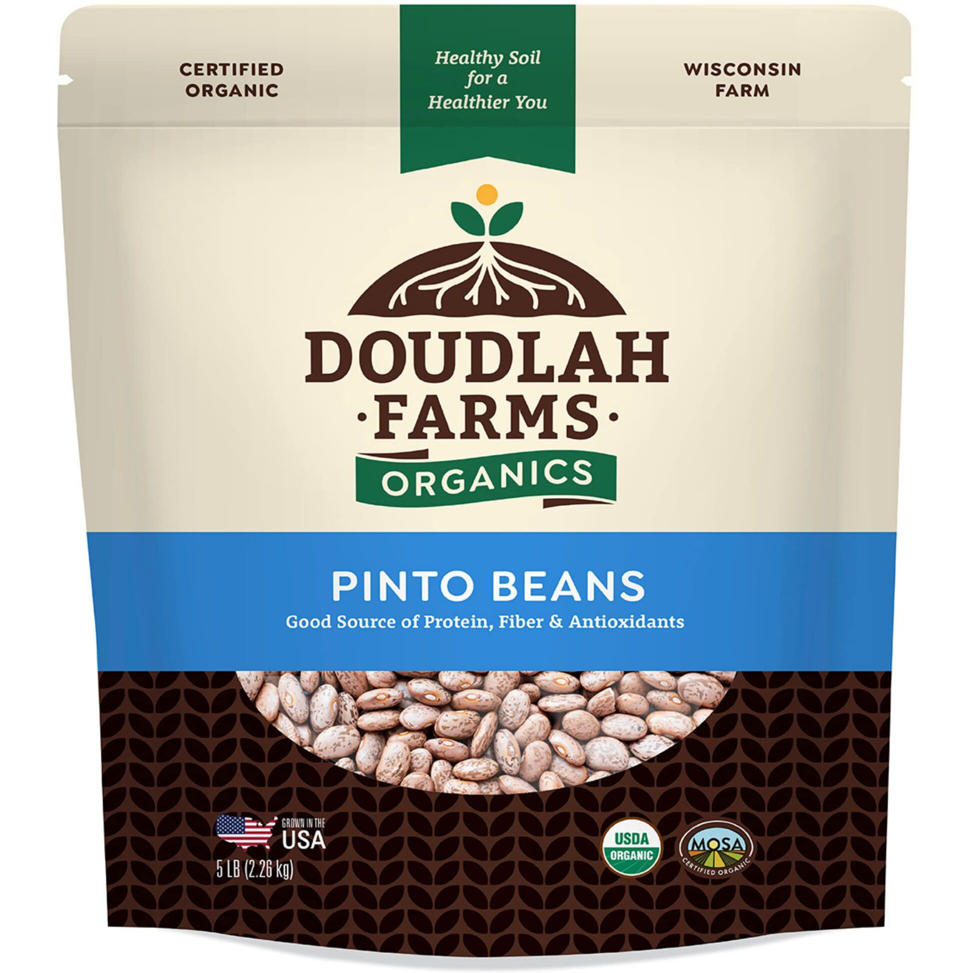 Organic Dried Pinto Beans 5Lb Bulk By Doudlah Farms - Farmed From Regenerative Soil | Tested Clean Certified | Vegan, Non-Gmo, Grown In Usa - Fiber & Protein For Soups, Burritos, Salads, And Chili