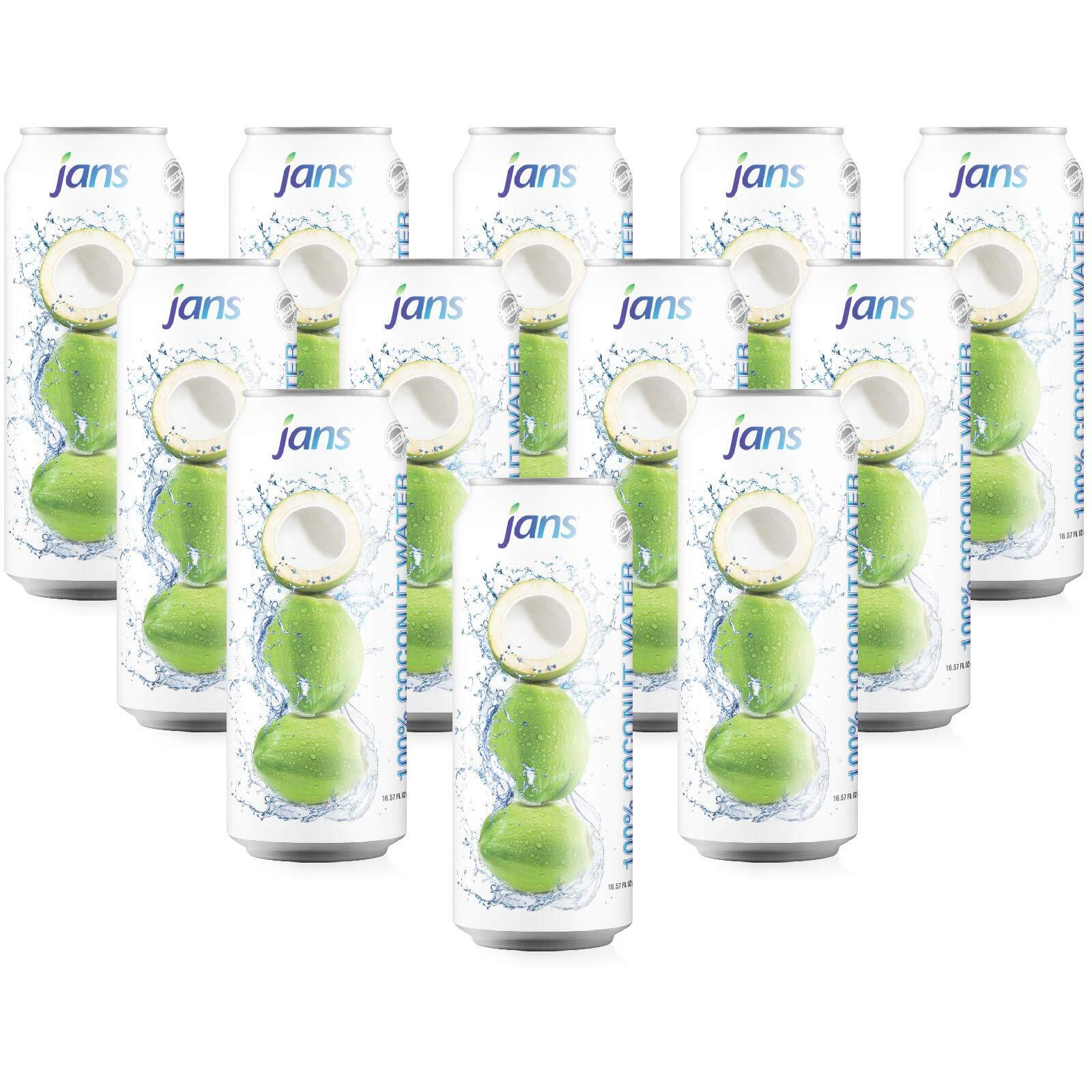 Jans 100% Pure Coconut Water Can With Coconut Pulp - Pure, Aqua De Coco, Unsweetened Coconut Water | Not From Concentrate | Non-Gmo | Refreshing Taste Of The Tropics | 16.57 Fl Oz Per Can (Pack Of 12)