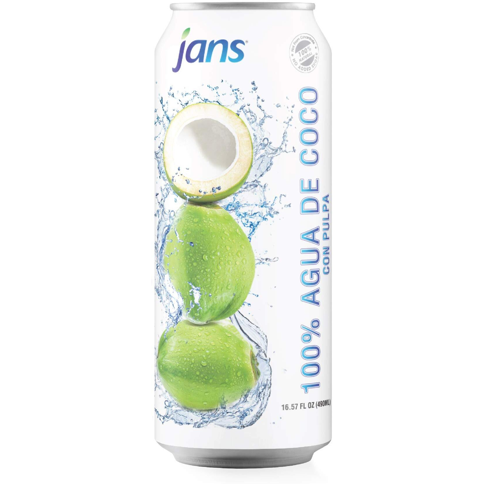 Jans 100% Pure Coconut Water Can With Coconut Pulp - Pure, Aqua De Coco, Unsweetened Coconut Water | Not From Concentrate | Non-Gmo | Refreshing Taste Of The Tropics | 16.57 Fl Oz Per Can (Pack Of 12)