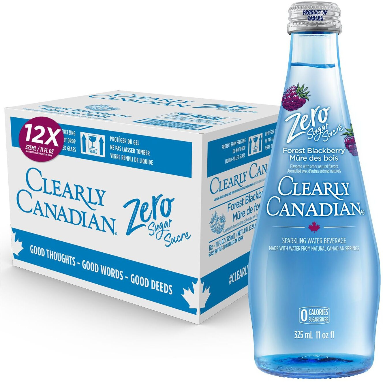 Clearly Canadian Zero Sugar Forest Blackberry Sparkling Water Beverage, Zero Sugar & Zero Calories, 1 Case (12 Bottles X 325Ml)