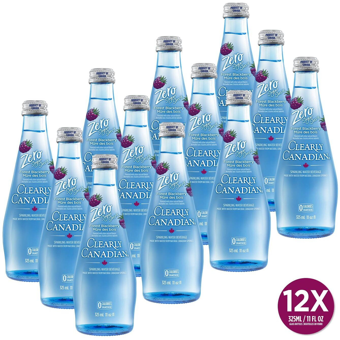 Clearly Canadian Zero Sugar Forest Blackberry Sparkling Water Beverage, Zero Sugar & Zero Calories, 1 Case (12 Bottles X 325Ml)