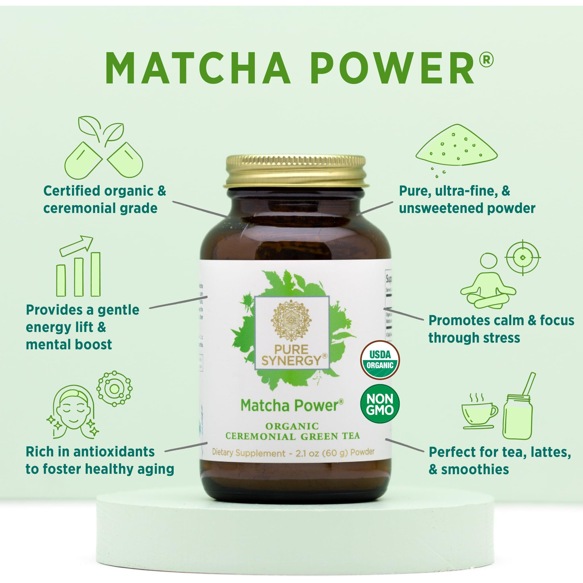 Pure Synergy Matcha Power | Organic Matcha Powder | Ceremonial Grade Japanese Matcha Green Tea Powder | For Enhanced Energy & Alertness (2.1 Oz Powder)