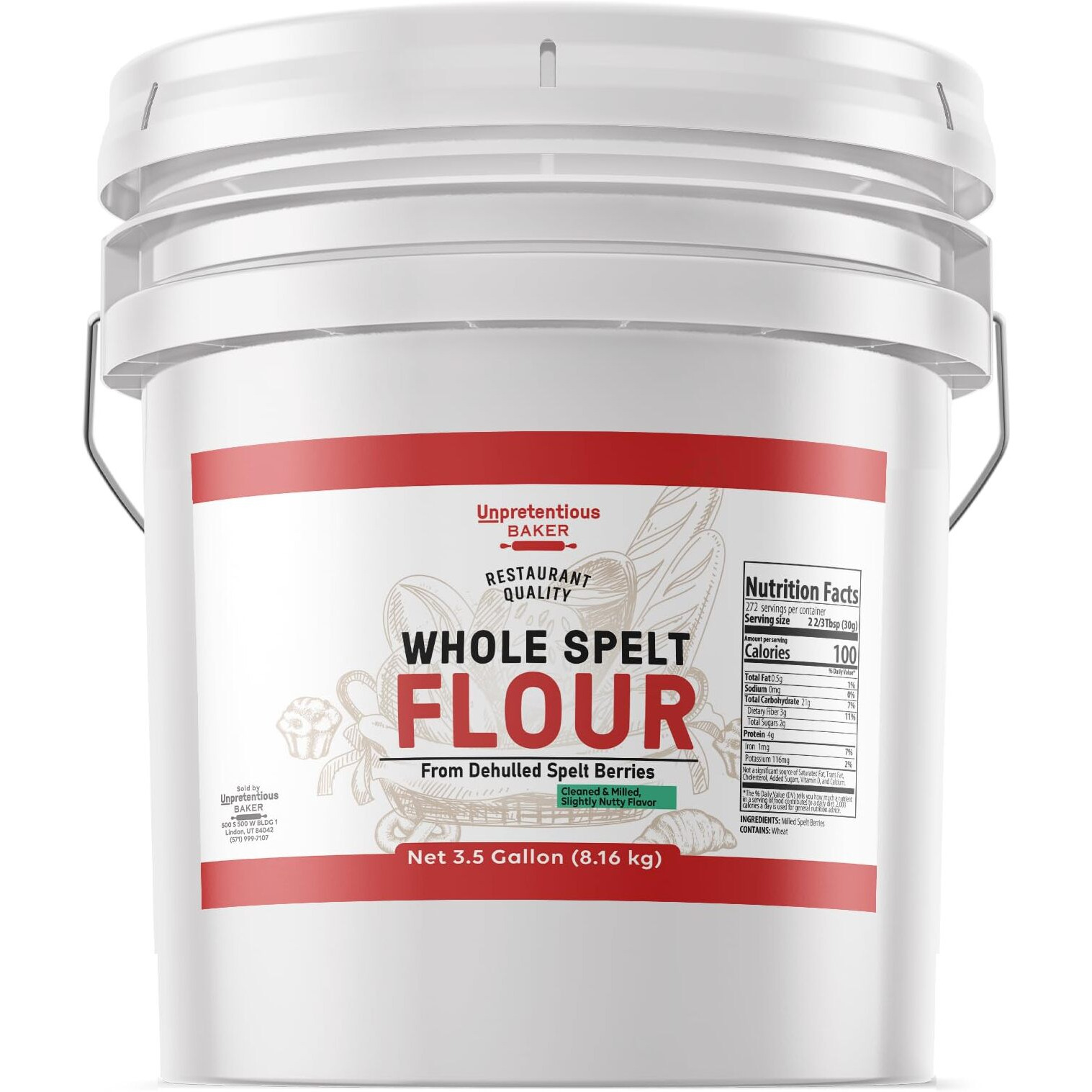 Unpretentious Whole Spelt Flour, 3.5 Gallon Bucket, Light & Airy Flour, From Dehulled Spelt Berries