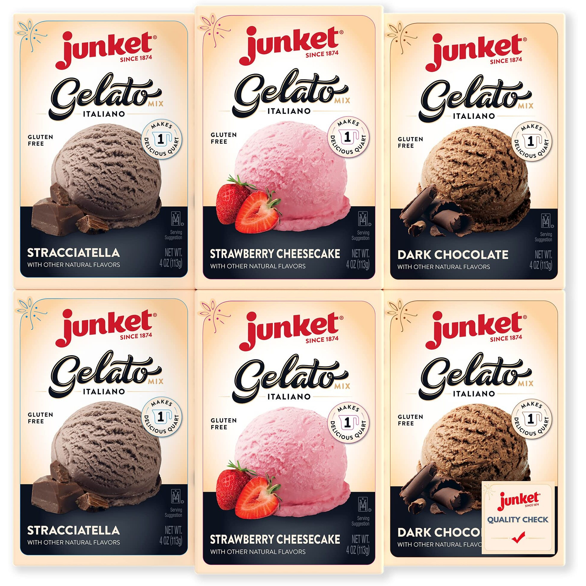 Junket Gelato Mix Stracciatella (Vanilla Chocolate), Dark Chocolate, And Strawberry Cheesecake, Homemade Gelato Ice Cream Mix For Ice Cream Maker Or Stir By Hand, Start To Finish In Minutes, 4 Ounce Box, Yields 1 Quart Gelato (Variety Pack Of 6)