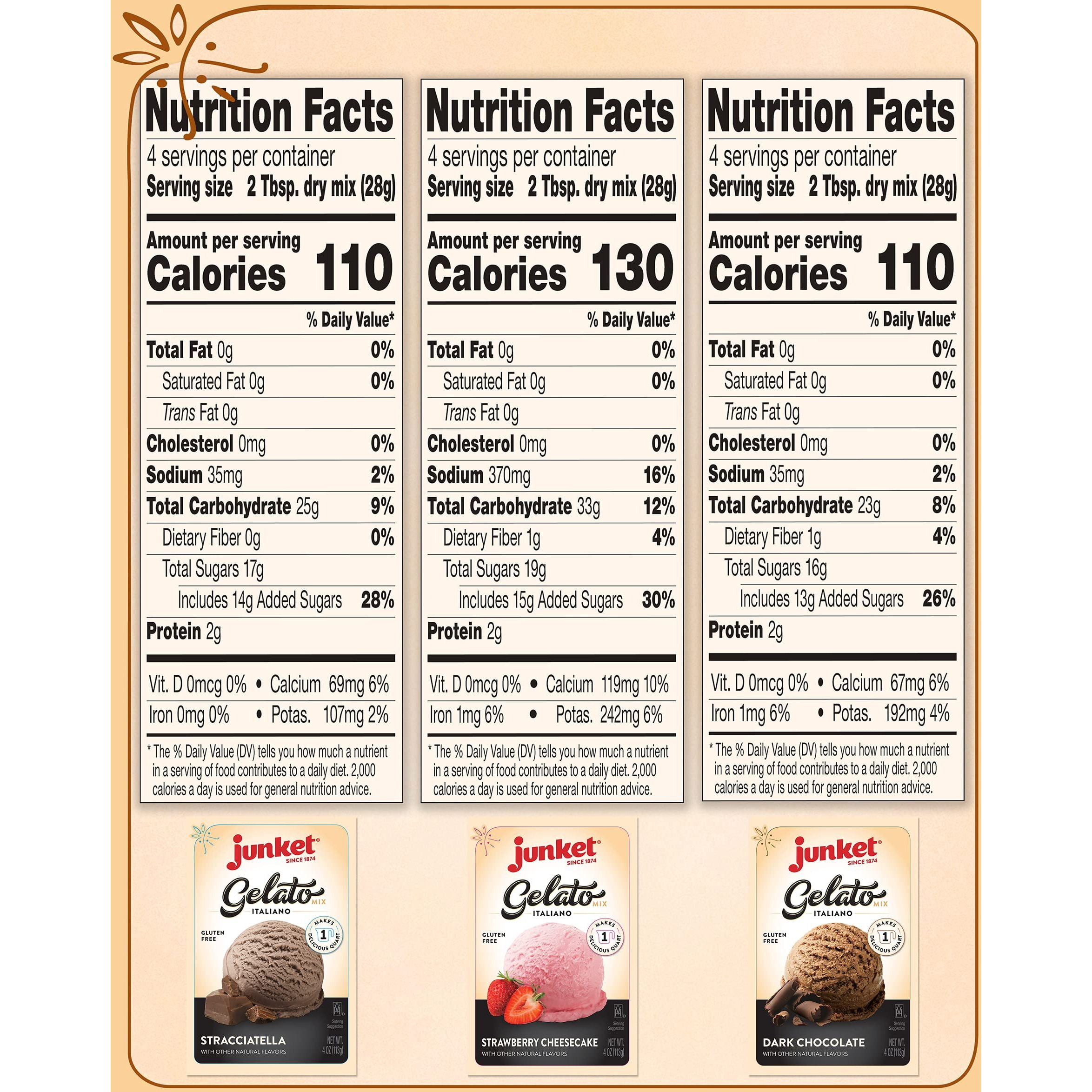 Junket Gelato Mix Stracciatella (Vanilla Chocolate), Dark Chocolate, And Strawberry Cheesecake, Homemade Gelato Ice Cream Mix For Ice Cream Maker Or Stir By Hand, Start To Finish In Minutes, 4 Ounce Box, Yields 1 Quart Gelato (Variety Pack Of 6)