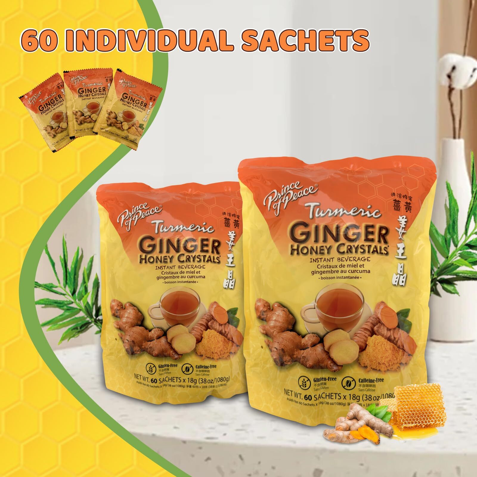 Prince Of Peace Instant Ginger Honey Crystals, Twin Packs - Instant Hot Or Cold Beverage That Soothes Throat - Easy To Brew - Drink Like A Tea - Gluten Free - Real Ginger (Turmeric)