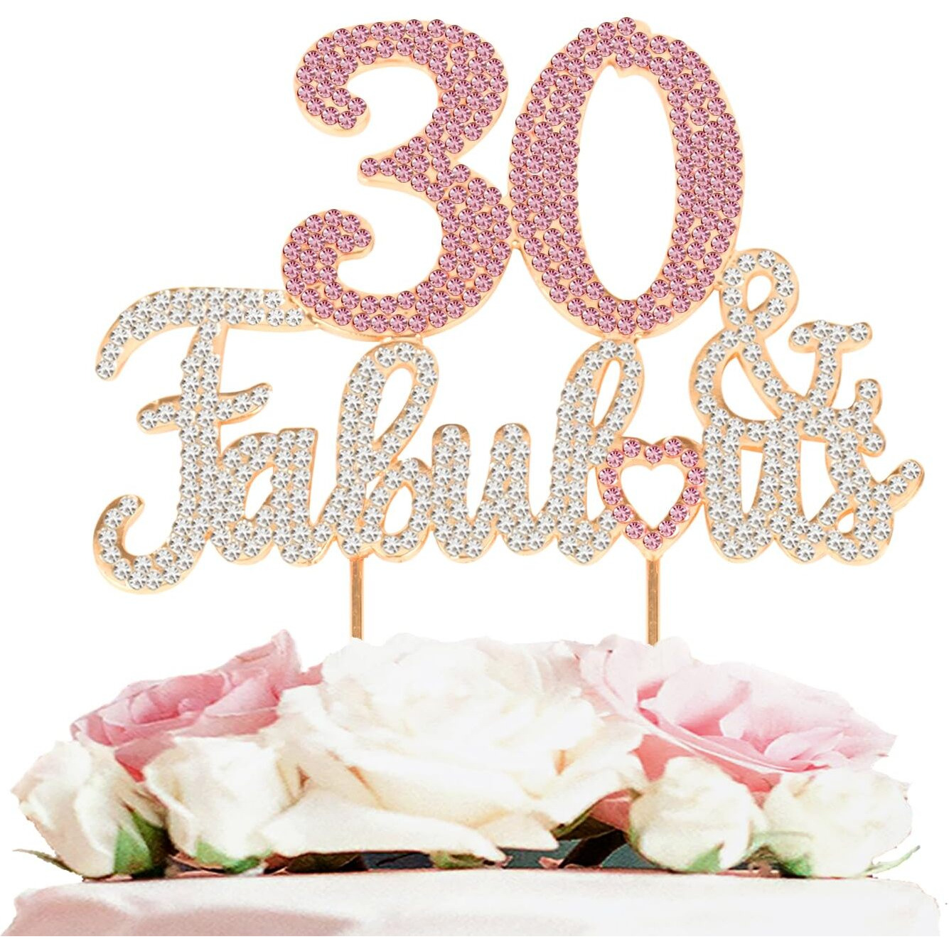 Laskyer 30 & Fabulous Gold & Pink Rhinestone Cake Topper - Happy 30Th Birthday Cheers To Thirty Years Old Bday Party Metal Sparkly Food Centerpieces Topper Decorations Keepsake.